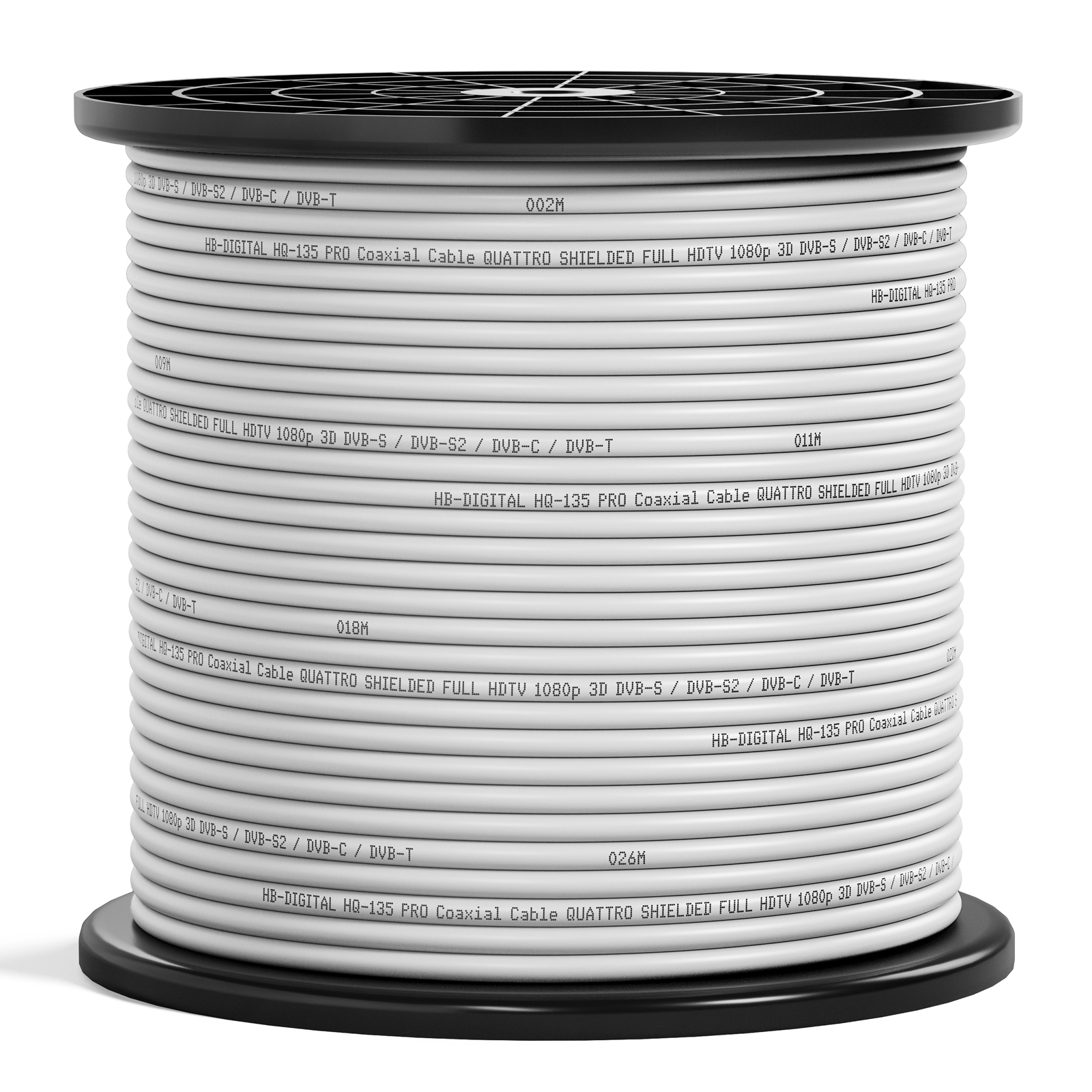 Eine Rolle weißes Kabel auf schwarzem Sockel.
