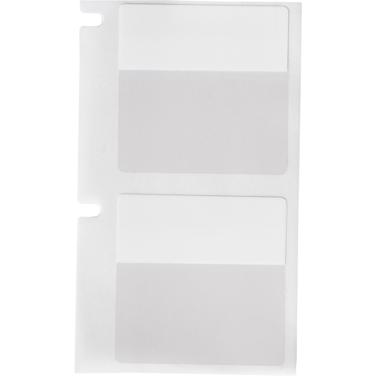 Biała karta etykiet z dwoma szarymi prostokątnymi sekcjami na białym tle.