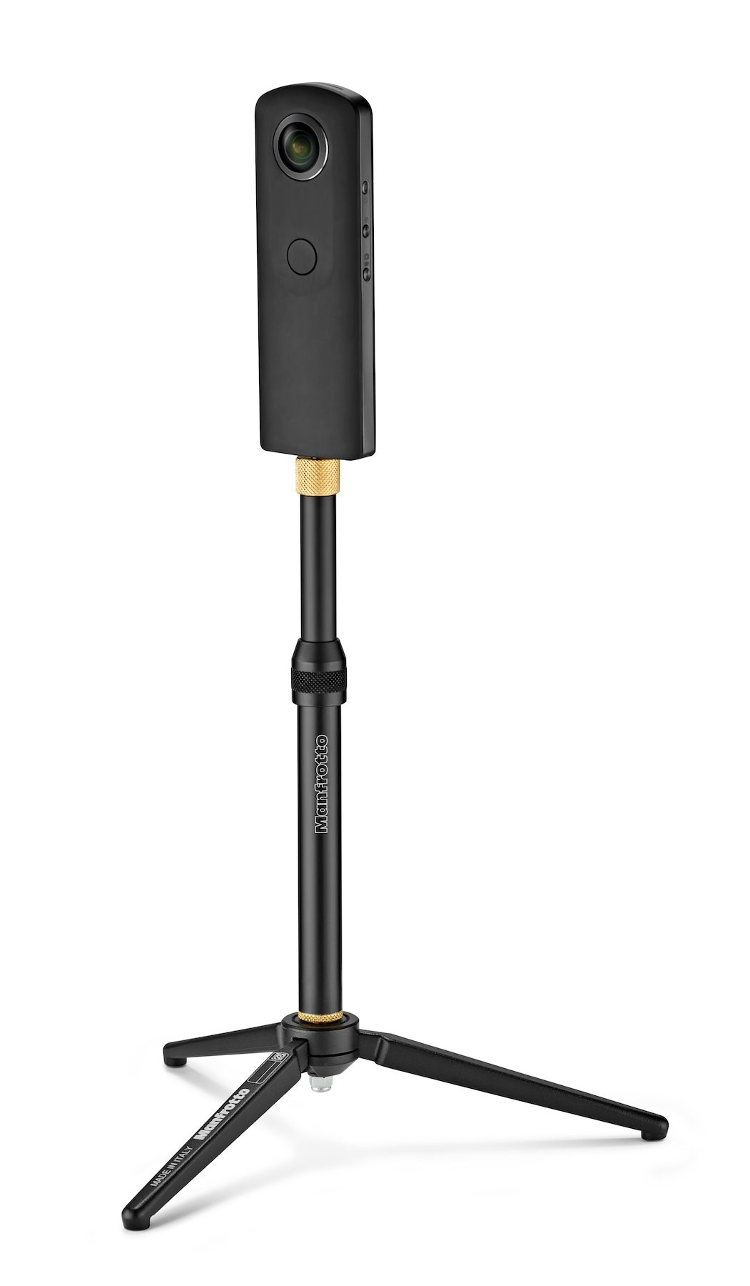 Czarna kamera z czarnym statywem. Statyw ma logo Manfrotto.
