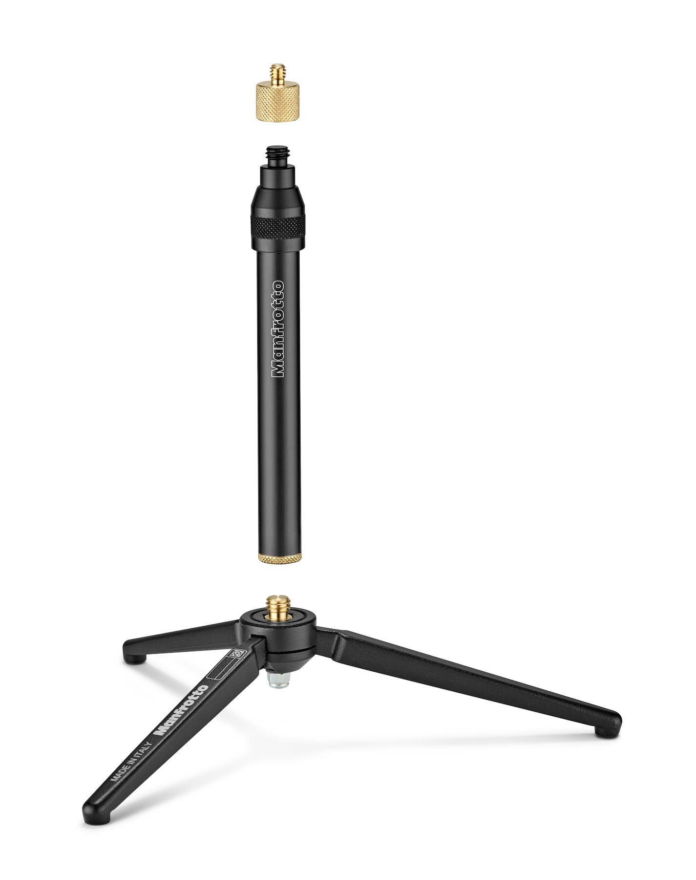 Zdemontowany statyw do aparatu. Ma trzy nogi, centralny słupek i śrubę do mocowania urządzenia.