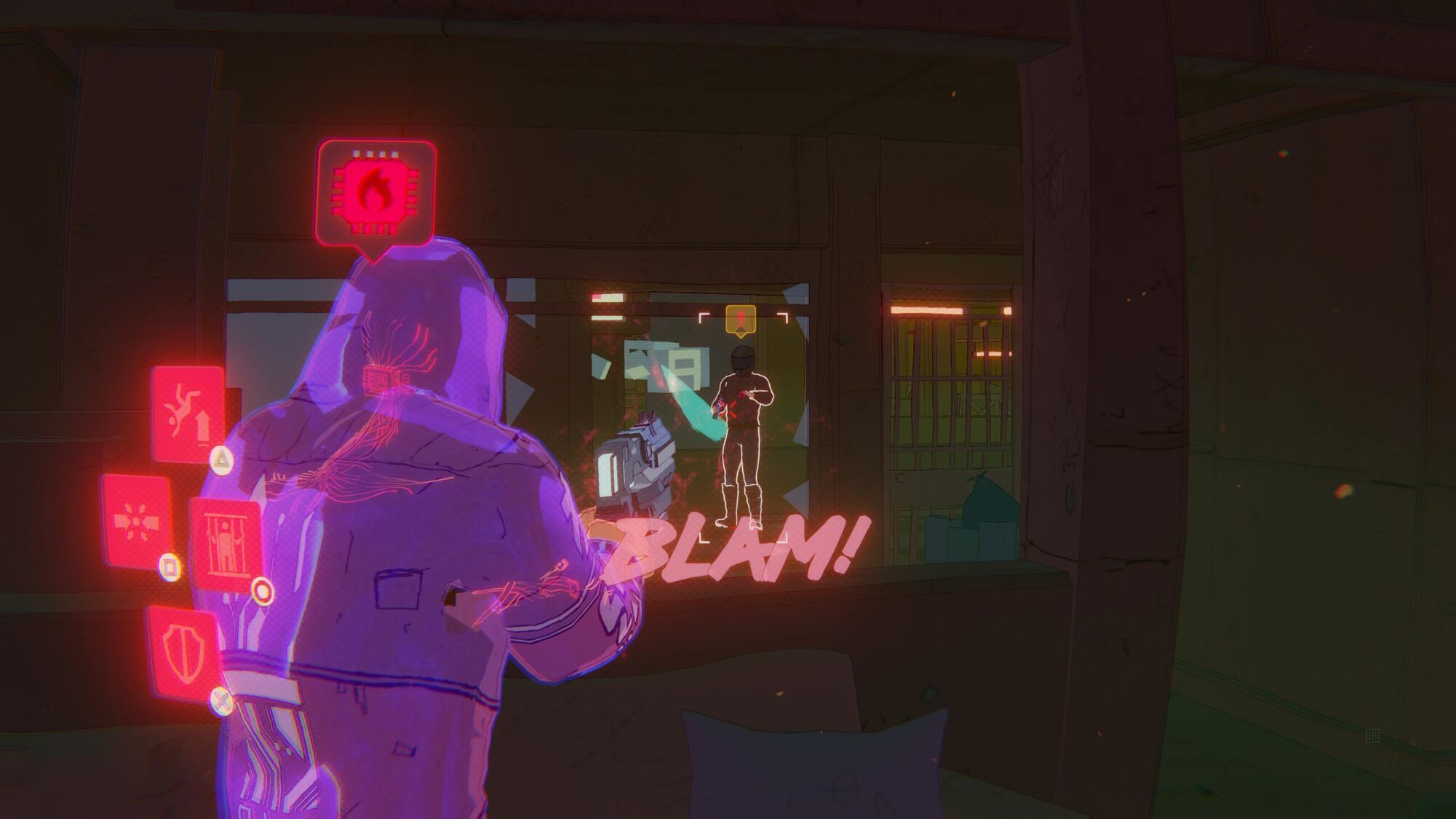 Una persona apunta con un arma a otra figura, con un interior iluminado con neón y la palabra 'BLAM!'