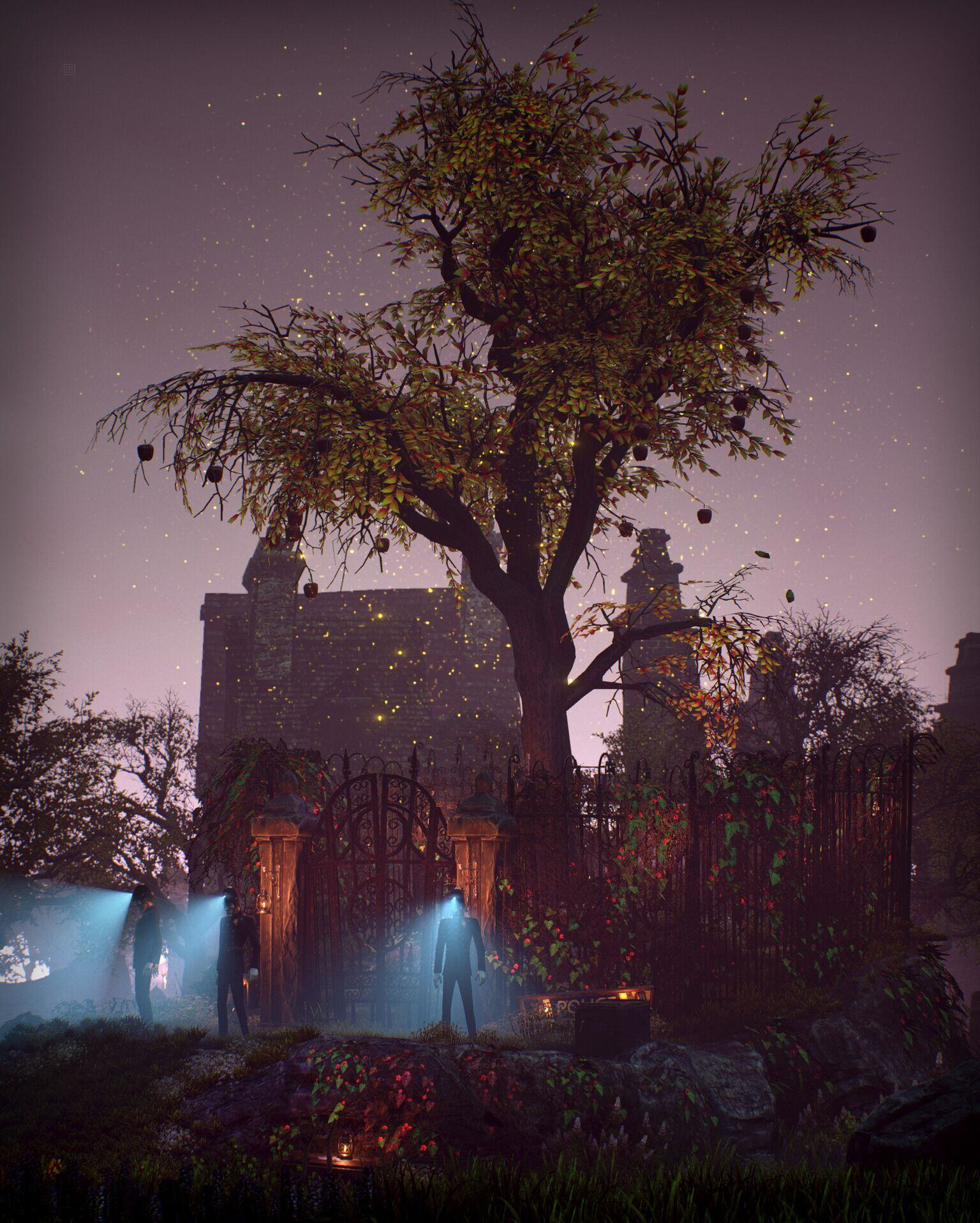 Scena nocna z trzema postaciami ze światłami przed budynkiem i drzewem.