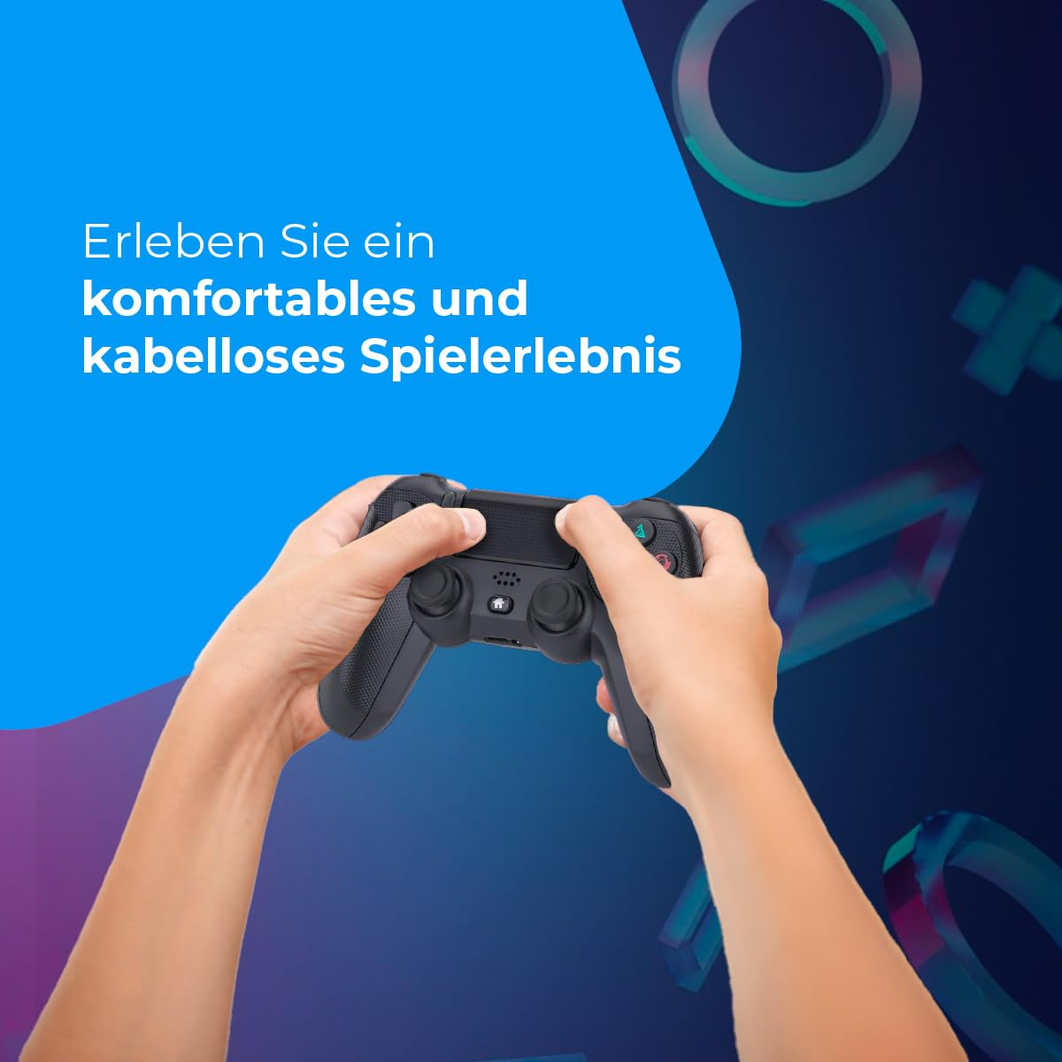 Hände halten ein schwarzes Gamepad mit dem Text: Erleben Sie ein komfortables und kabelloses Spielerlebnis.
