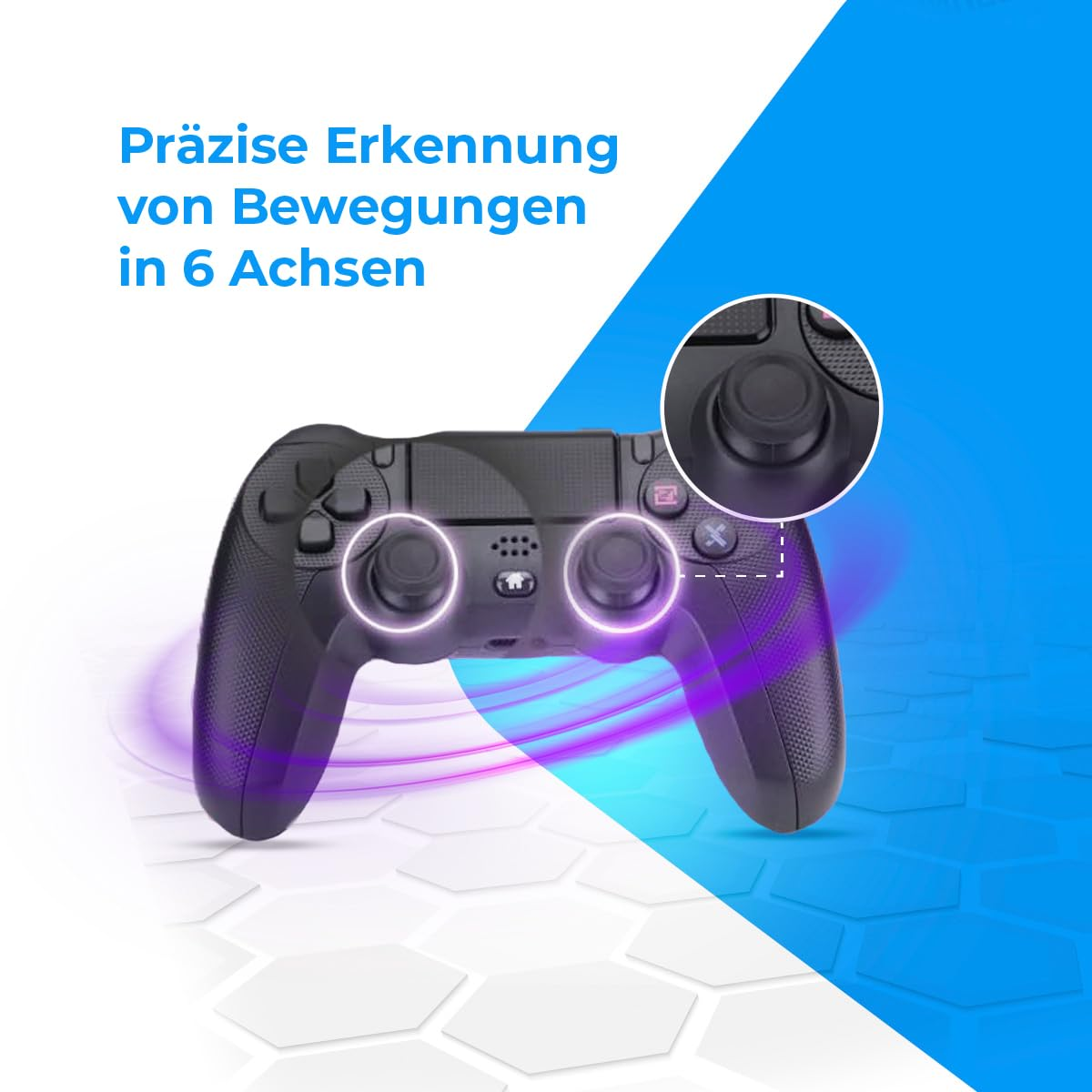 Ein schwarzer Gamecontroller mit zwei Joysticks und Knöpfen, mit einer Detailansicht eines Joysticks.
