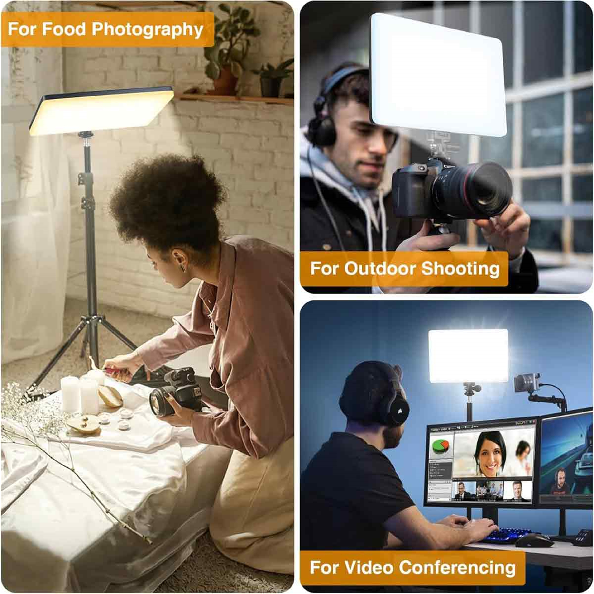 Drei Bilder: Food-Fotografie mit Lichtern, Outdoor-Aufnahmen mit Kamera und Videokonferenzen mit Bildschirm.
