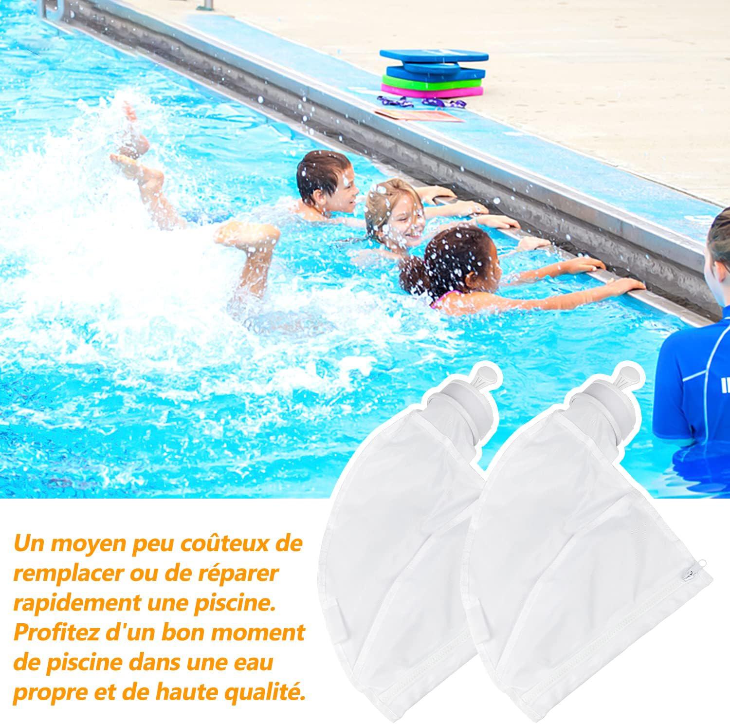 Kinder schwimmen in einem Pool mit weißen Filterbeuteln und Text: Eine kostengünstige Möglichkeit zum schnellen Austausch oder zur Reparatur.