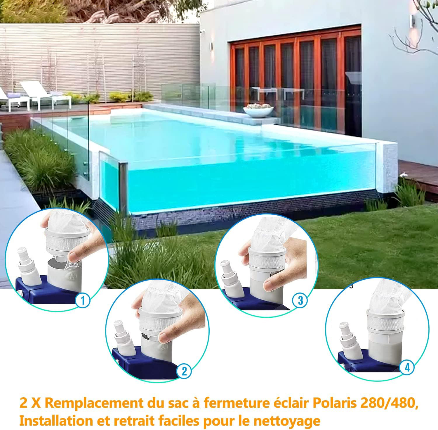 Vier Bilder zeigen die Installation eines weißen Filterbeutels in einem Poolreiniger mit blauen Komponenten.
