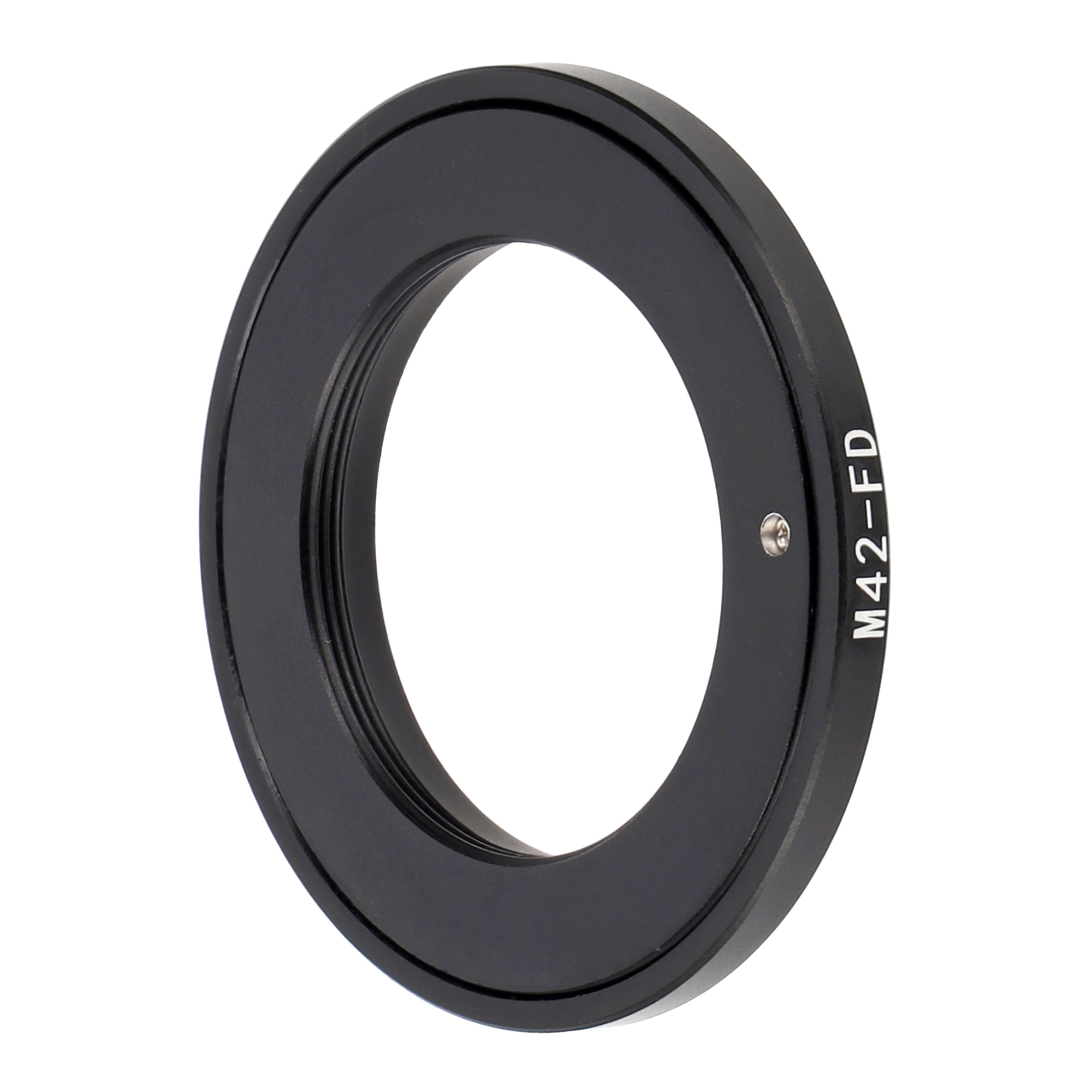 Schwarzer Metall-Objektivadapterring mit M42-FD-Text, für Kameraobjektive, mit einer kleinen Schraube.
