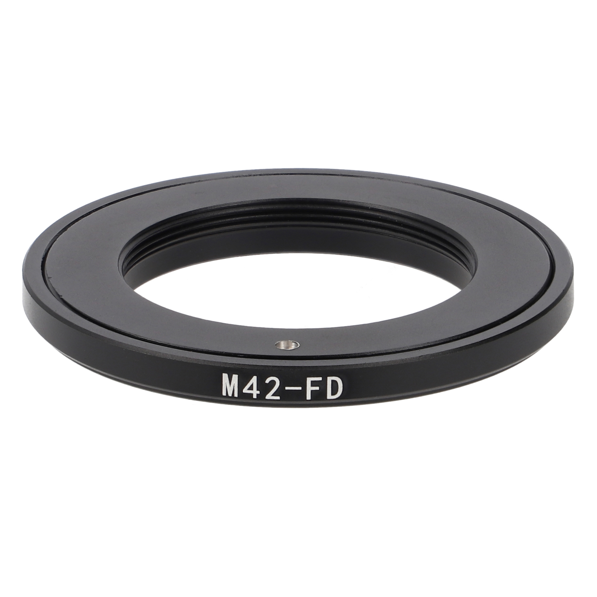 Schwarzer Metall-Objektivadapterring mit M42-FD-Text, für Kameraobjektive.