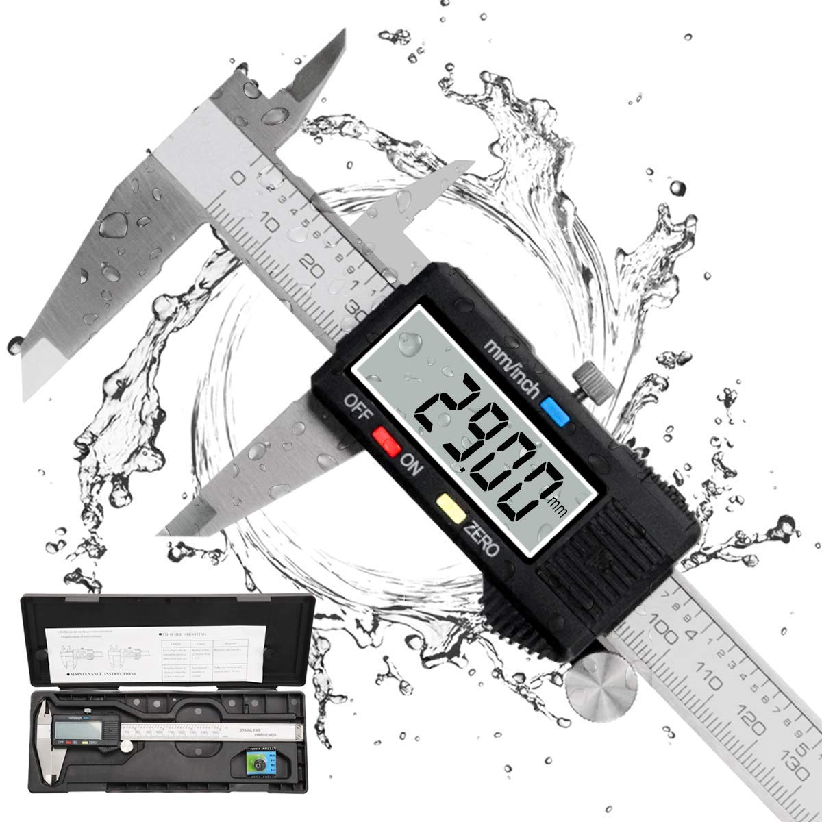 Digitaler Messschieber mit einem schwarzen Bildschirm, der 29,00 mm anzeigt. Wassertropfen um das Werkzeug.