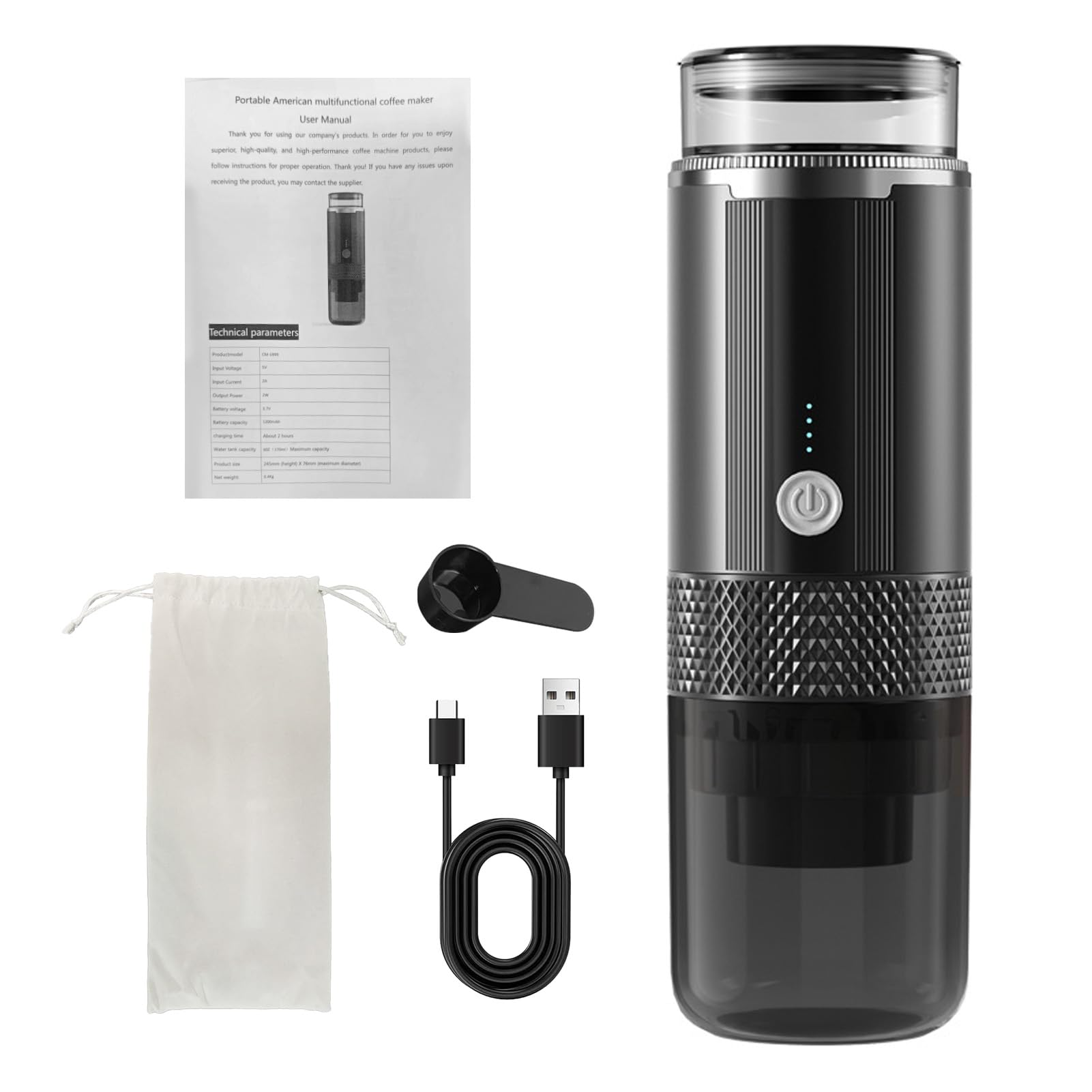 Ein tragbarer Kaffeezubereiter mit Zubehör. Ein Handbuch und ein USB-Kabel sind ebenfalls abgebildet.