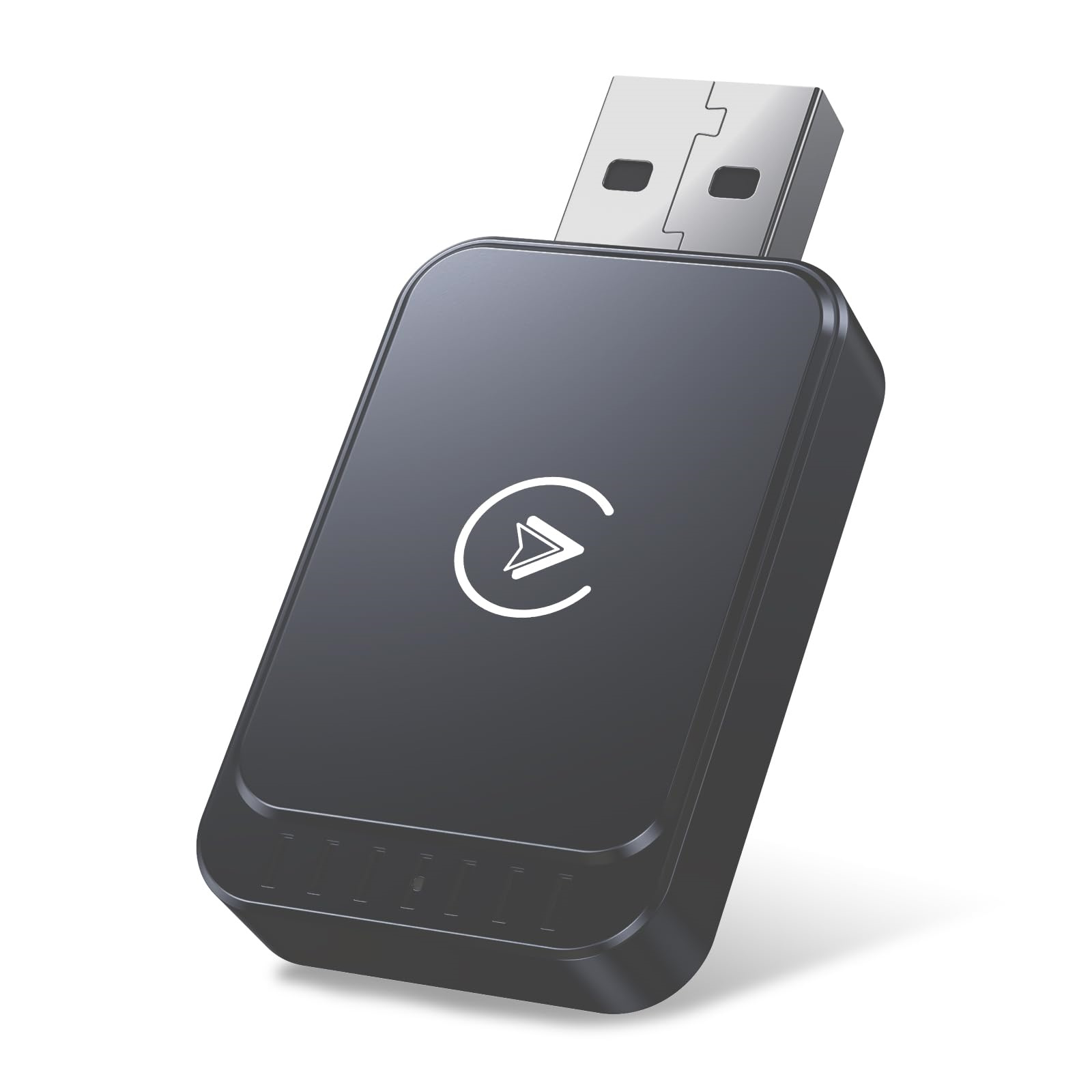 Schwarzer USB-Adapter mit weißem Logo, isoliert auf weißem Hintergrund.