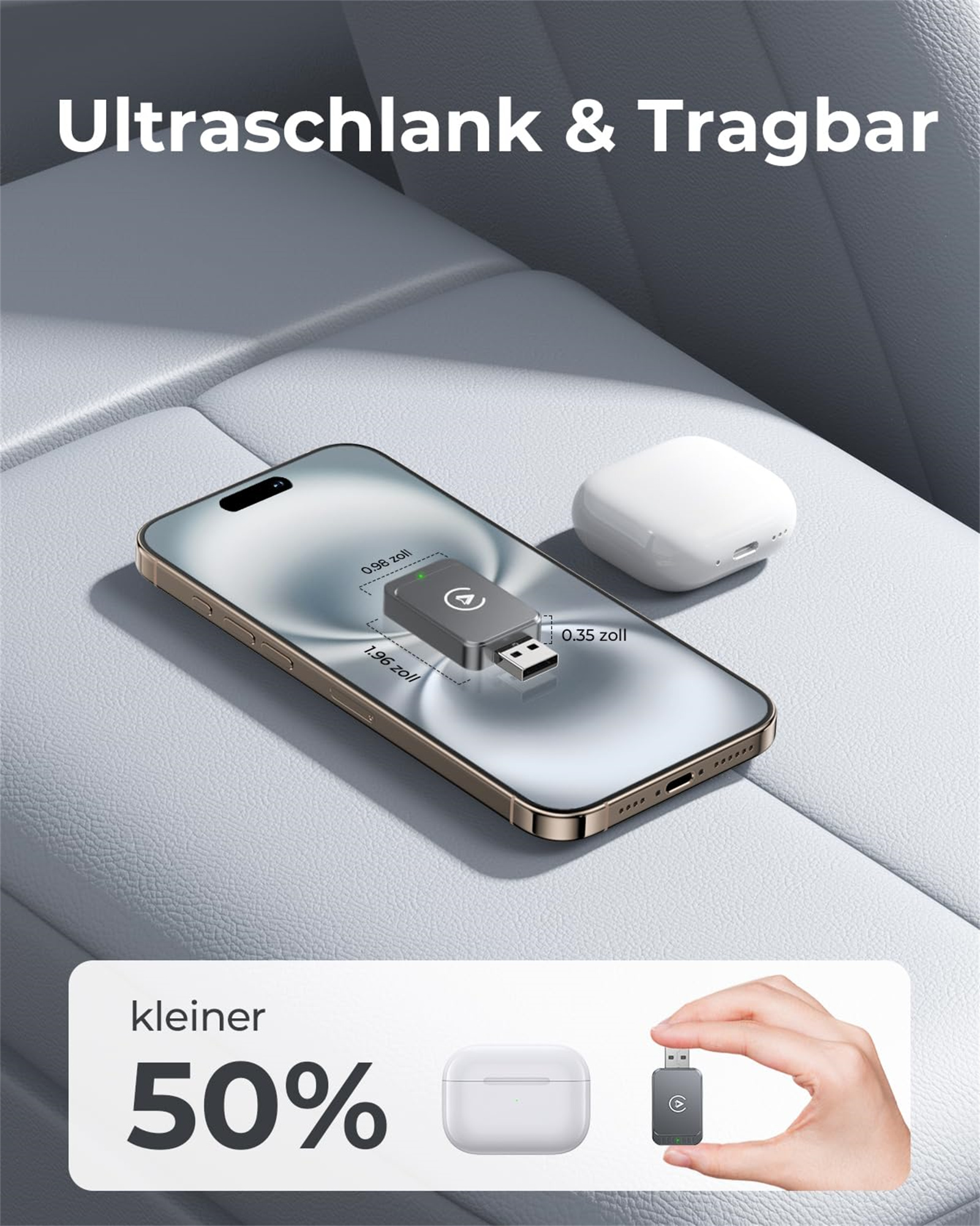 Telefon und Ohrhörer neben einem USB-Adapter, mit Text über Größenvergleiche.
