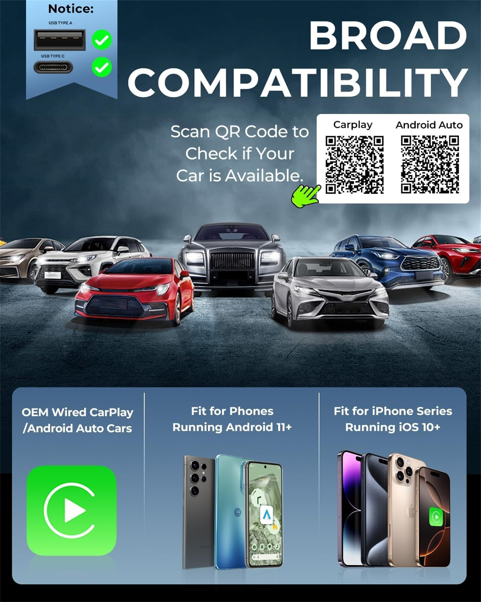 Ein Bild zeigt verschiedene Autos und Telefone. Text weist auf die Kompatibilität mit CarPlay, Android Auto und iOS hin.