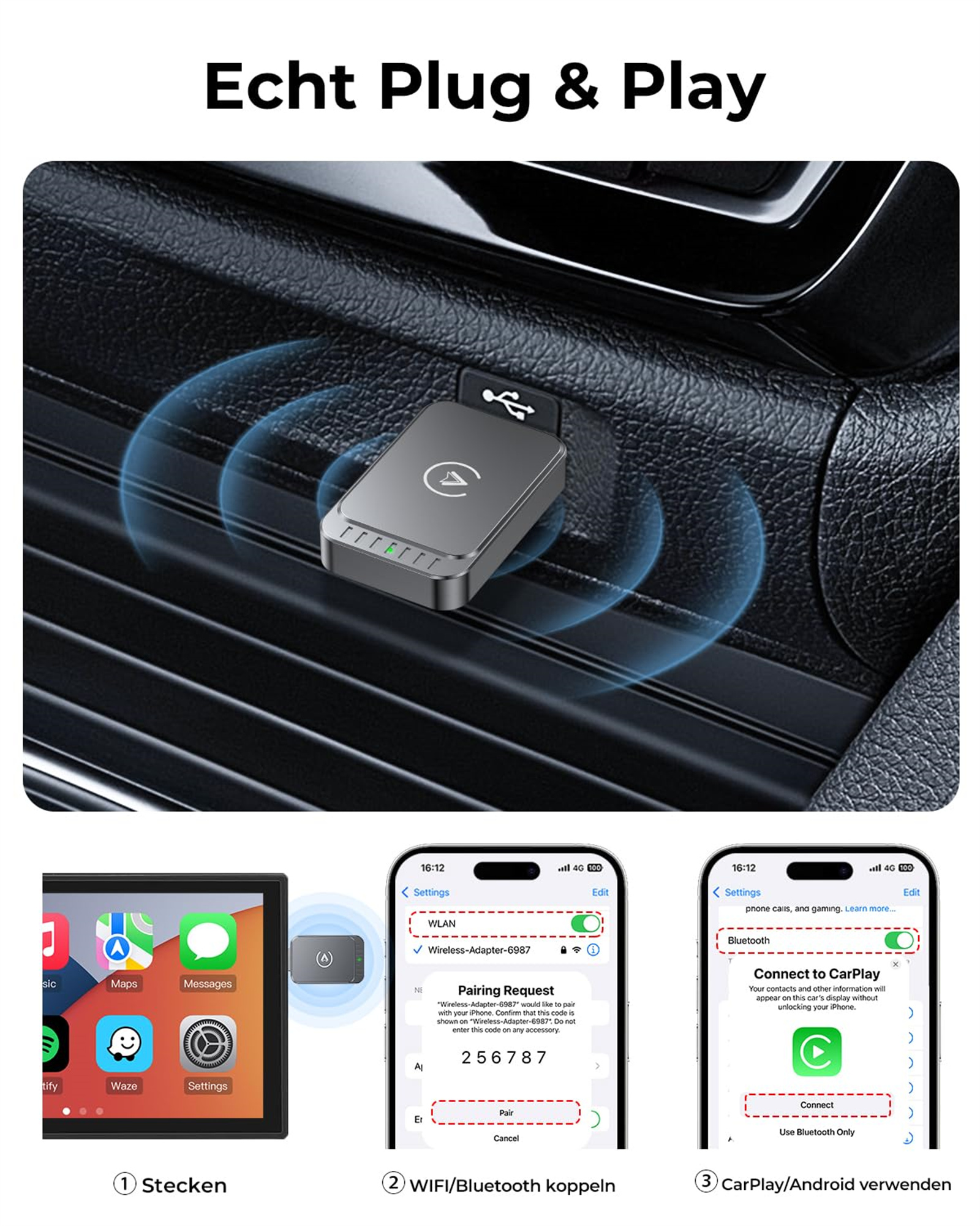 Drahtloser Adapter im Auto mit Telefon, das Kopplungsschritte und CarPlay zeigt.