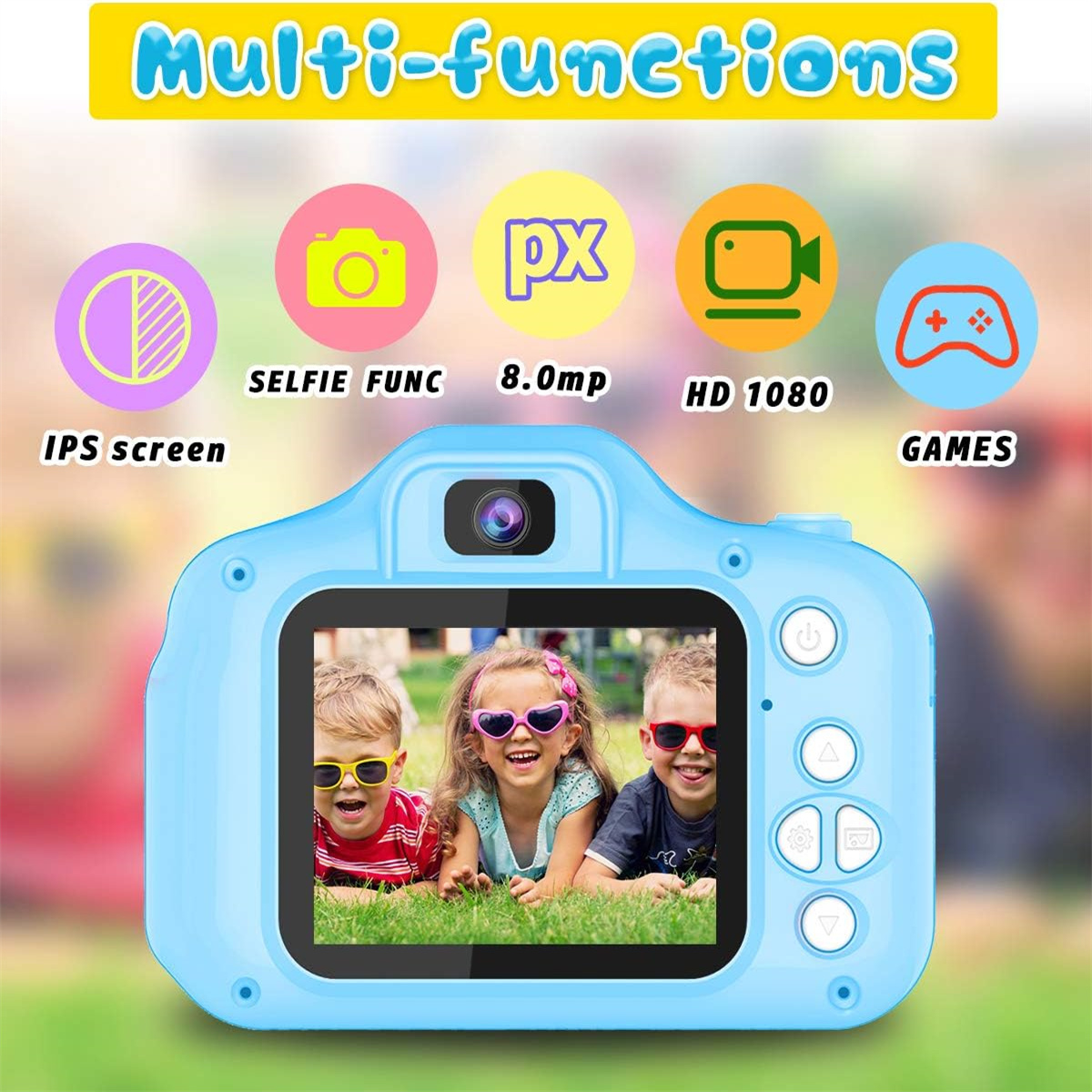 Eine blaue Spielzeugkamera mit Kindergesichtern auf dem Bildschirm. Funktionen umfassen Selfie, Video und Spiele.