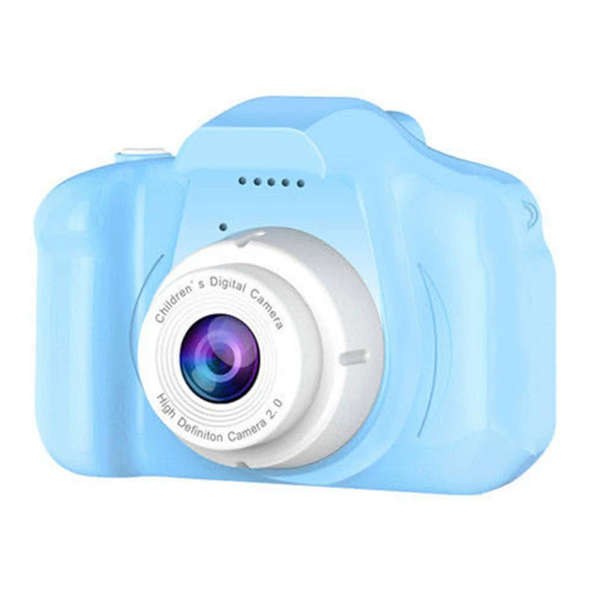 Blaue Spielzeugkamera mit weißem Objektiv und dem Text 'Kinder-Digitalkamera'.