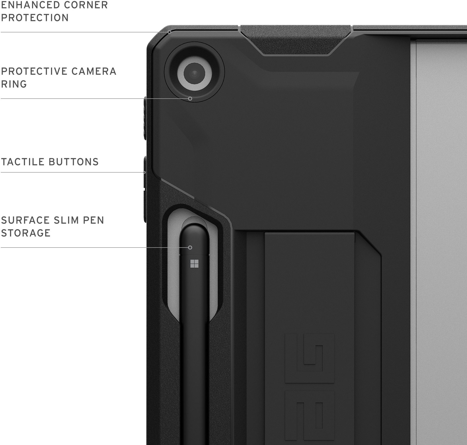Nahaufnahme einer schwarzen Tablethülle mit Surface Slim Pen-Aufbewahrung und Schutz-Kameraring.