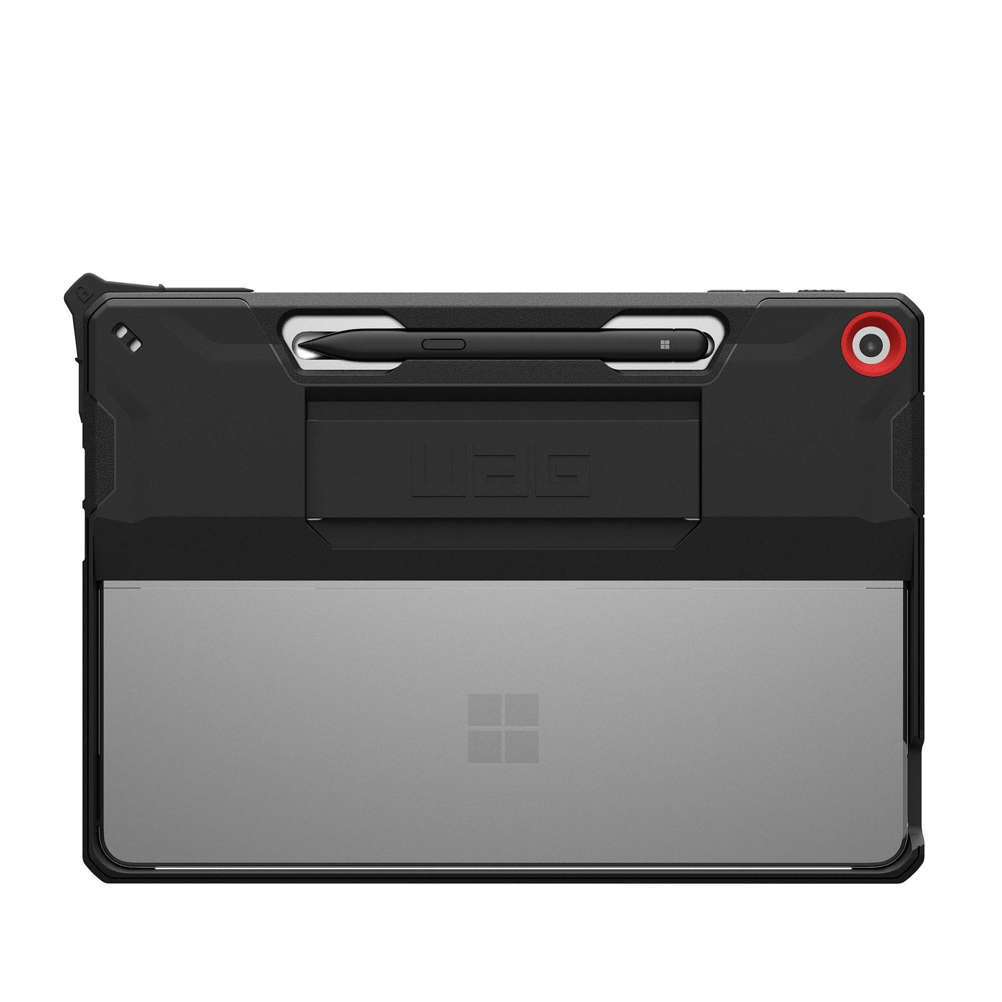 Eine schwarze Tablet-Hülle mit integriertem Ständer und Stifthalter, die ein graues Tablet schützt.