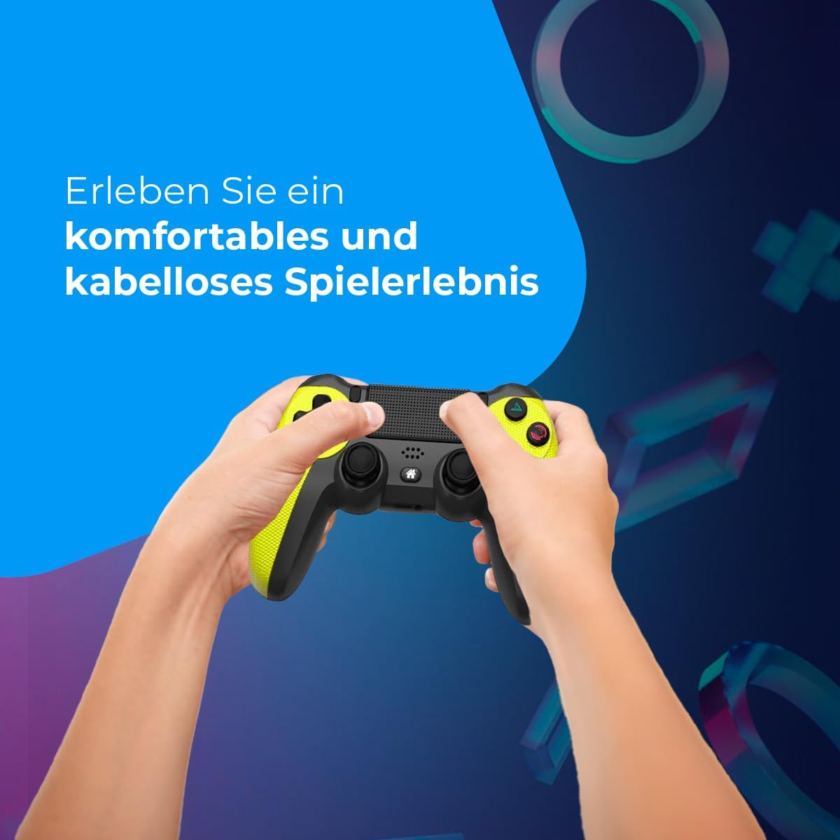Hände halten einen schwarz-gelben Gamecontroller. Blauer Hintergrund mit Formen.