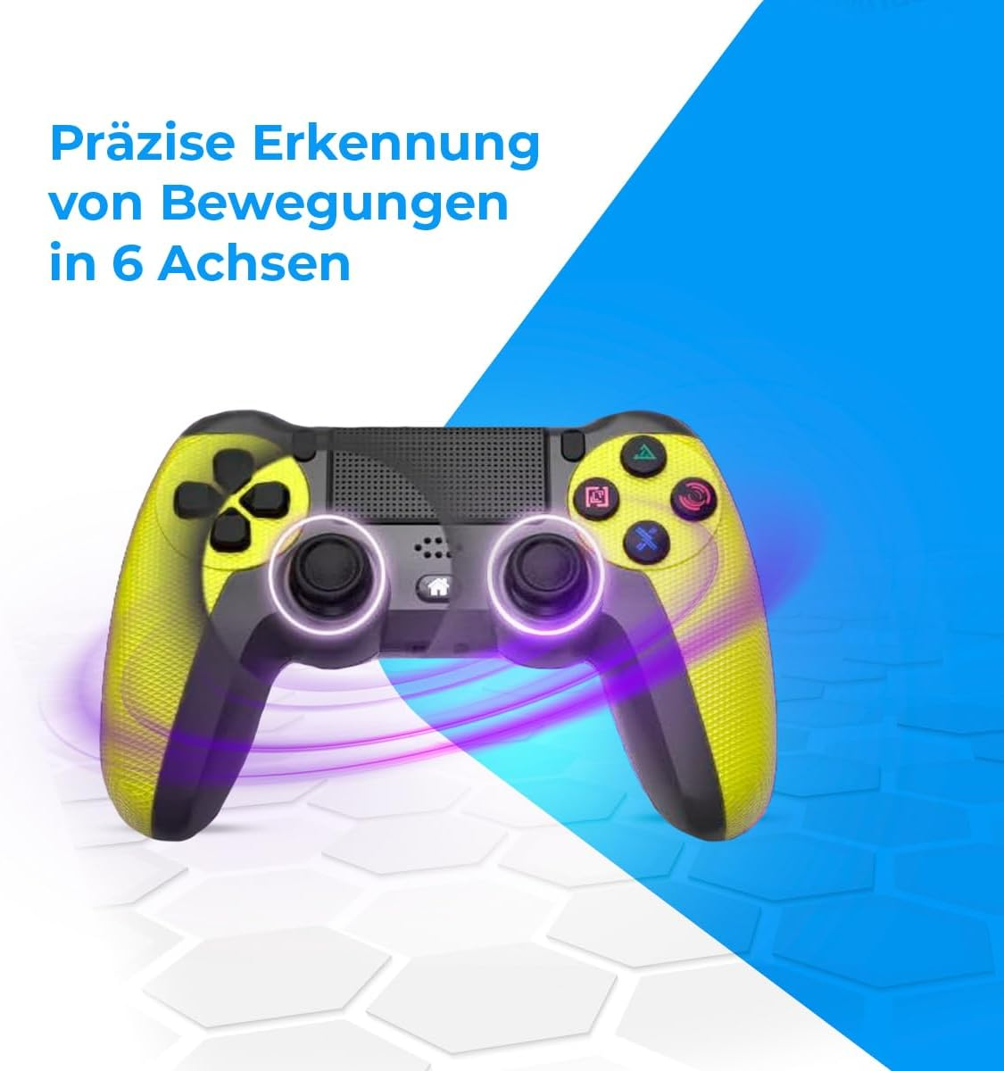 Gelb-grauer Game-Controller mit blau-weißem Hintergrund.