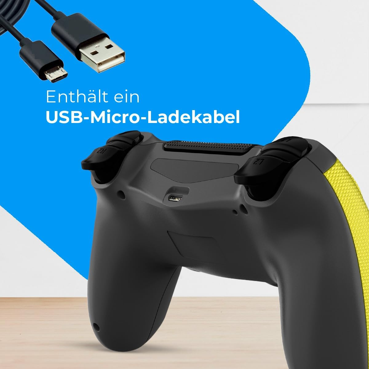 Ein schwarzer Gamecontroller mit gelbem Griff und einem USB-Micro-Ladekabel.