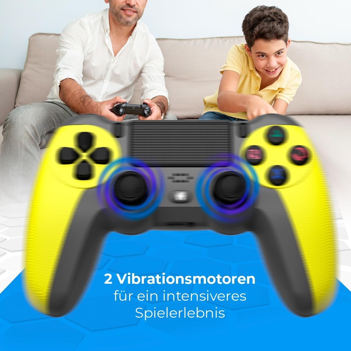 Zwei Männer spielen ein Videospiel mit einem gelb-grauen Controller, mit Text über Vibration.