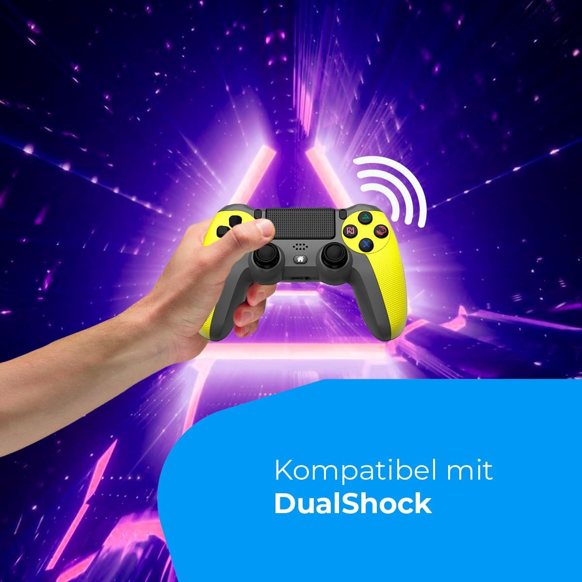 Gamecontroller mit gelb-grauem Farbschema in einer Hand, mit blauem Hintergrund.
