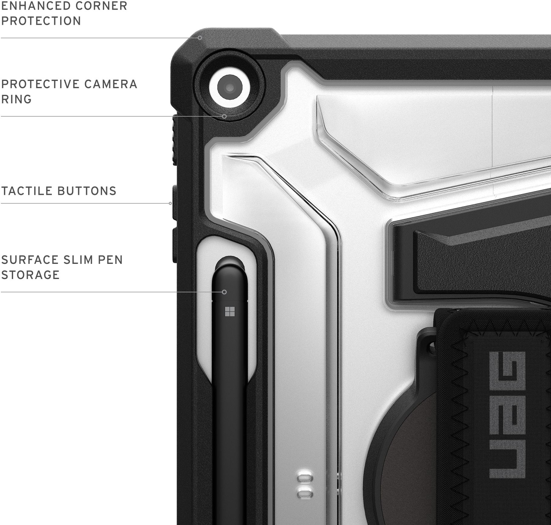Nahaufnahme einer Tablet-Hülle. Merkmale sind verstärkter Eckenschutz, ein Kameraring und eine Stifthalterung.
