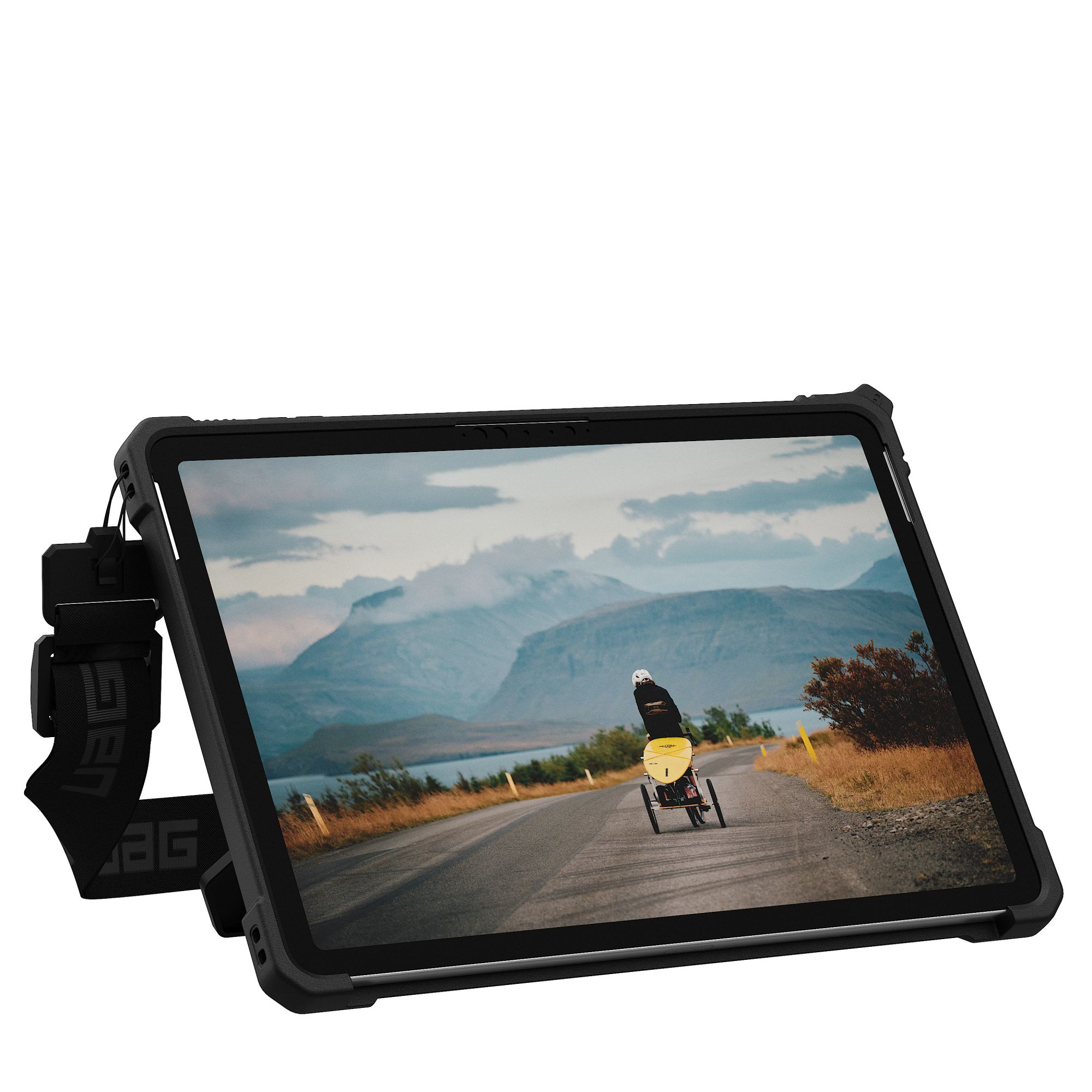 Tablet in schwarzem Gehäuse, zeigt eine Straßenszene mit Radfahrer.