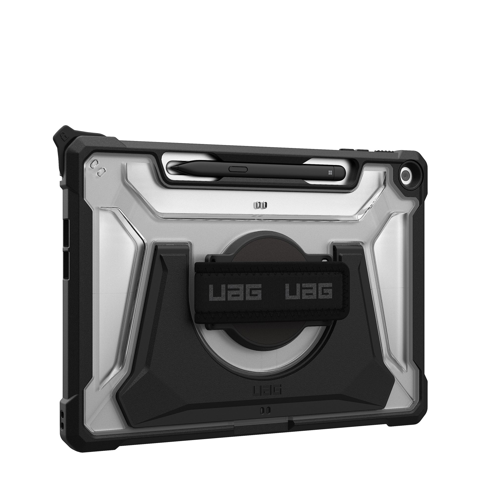 Schwarze und transparente Tablethülle mit Stylus. Die Hülle hat einen integrierten Ständer und eine Handschlaufe.