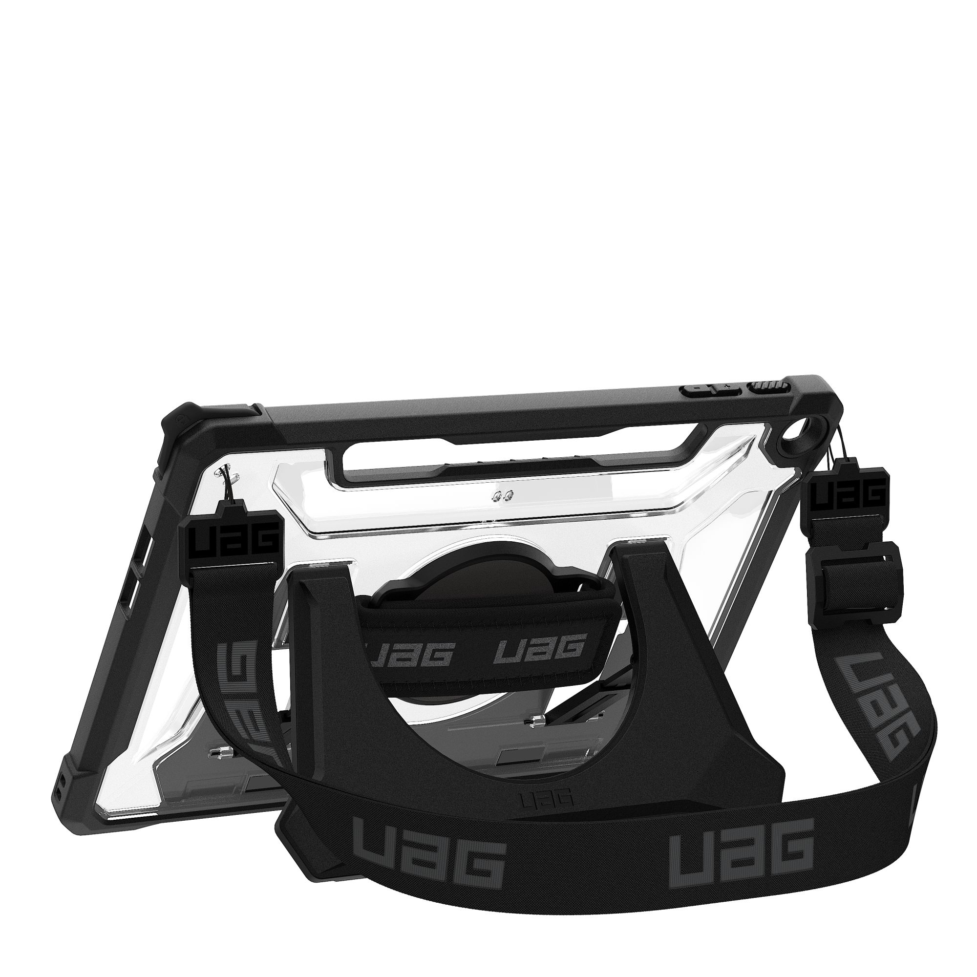Schwarze Tablet-Hülle mit durchsichtigem Rücken, UAG-Logos und Riemen.