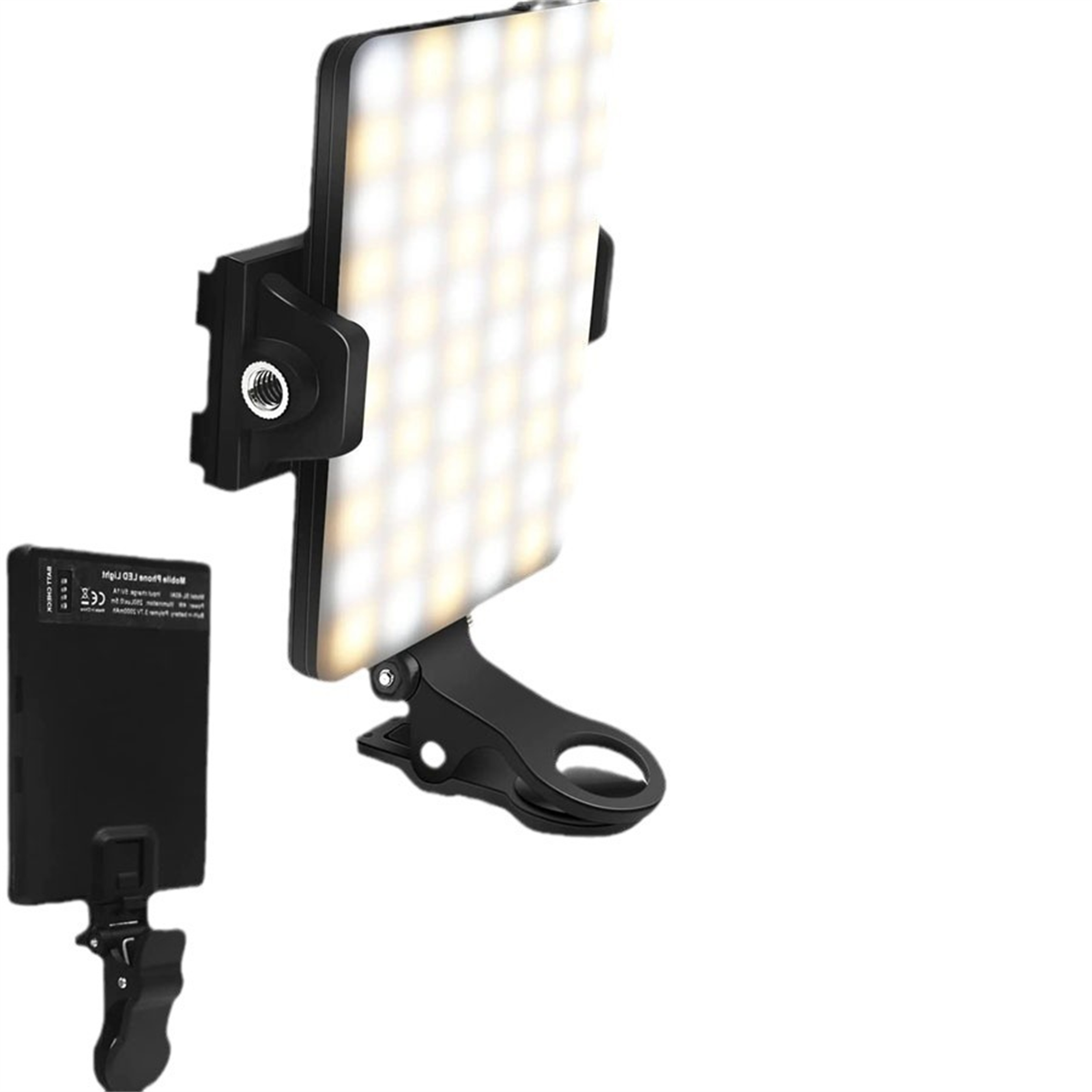 Ein kleines LED-Licht mit mehreren LEDs, das an einem Clip befestigt ist, und eine separate Batterie.