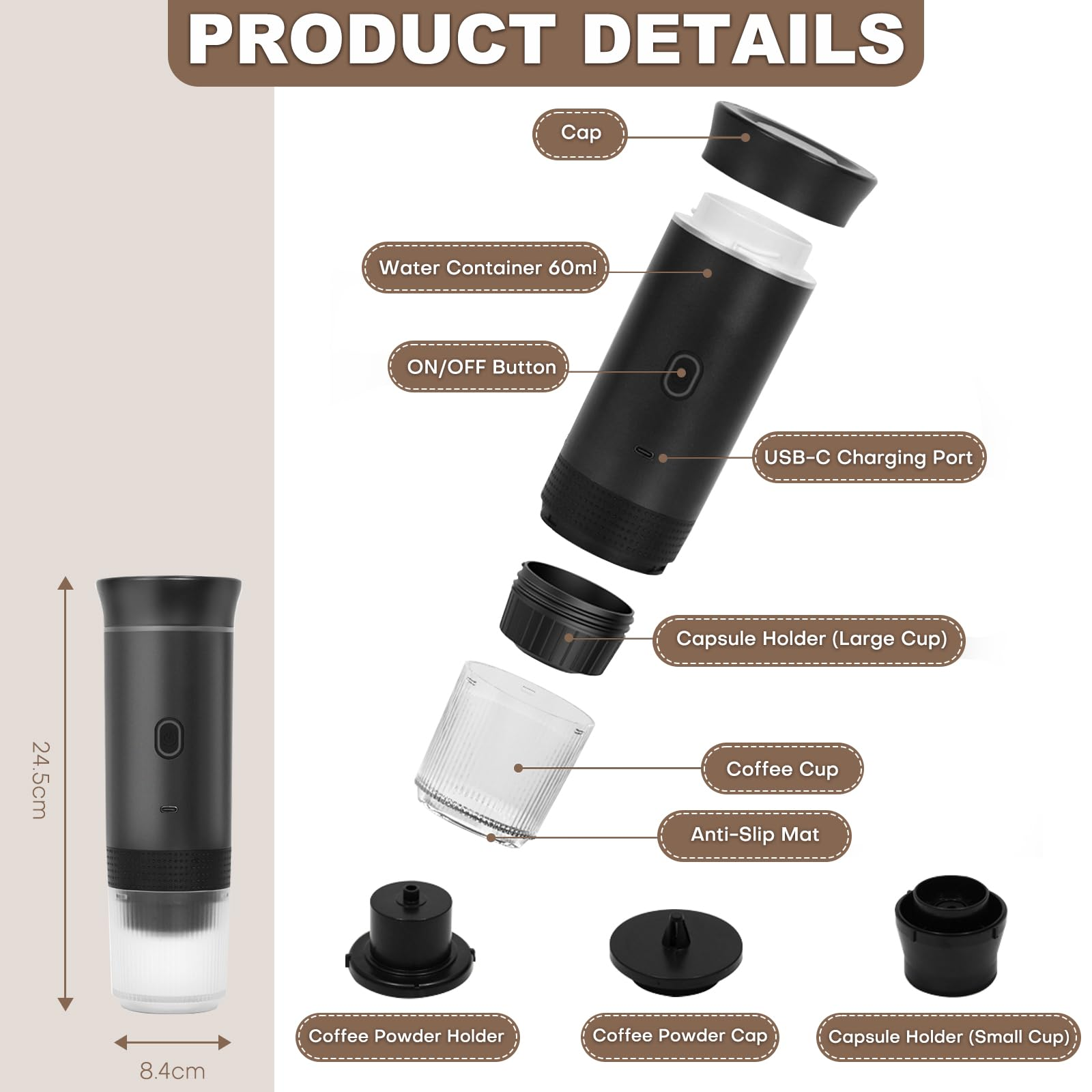 Diagramm einer tragbaren Espressomaschine mit beschrifteten Teilen, einschließlich einer Kaffeetasse.