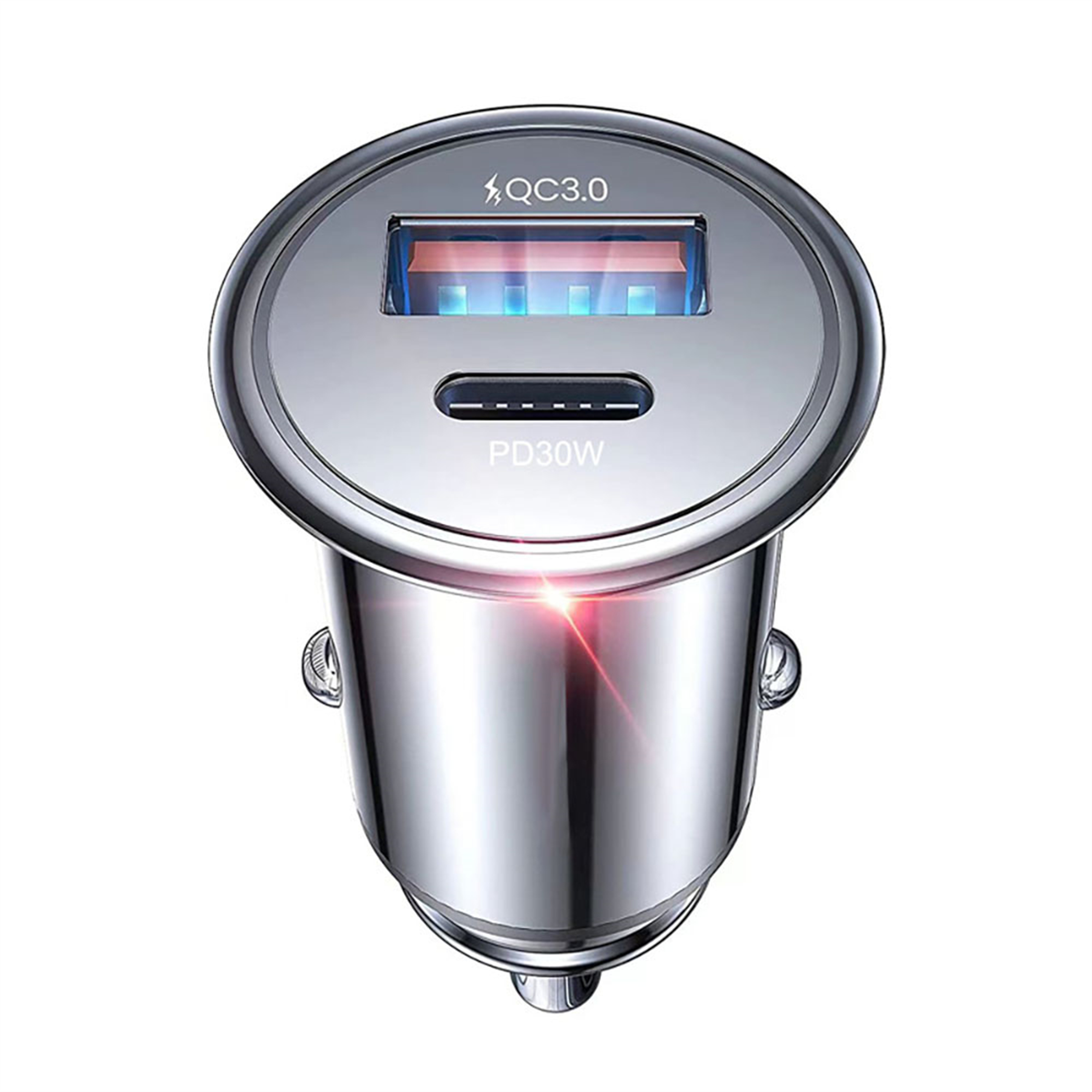Silbernes Autoladegerät mit USB-Anschluss, beschriftet QC3.0 und PD30W. Zylindrisch und reflektierend.