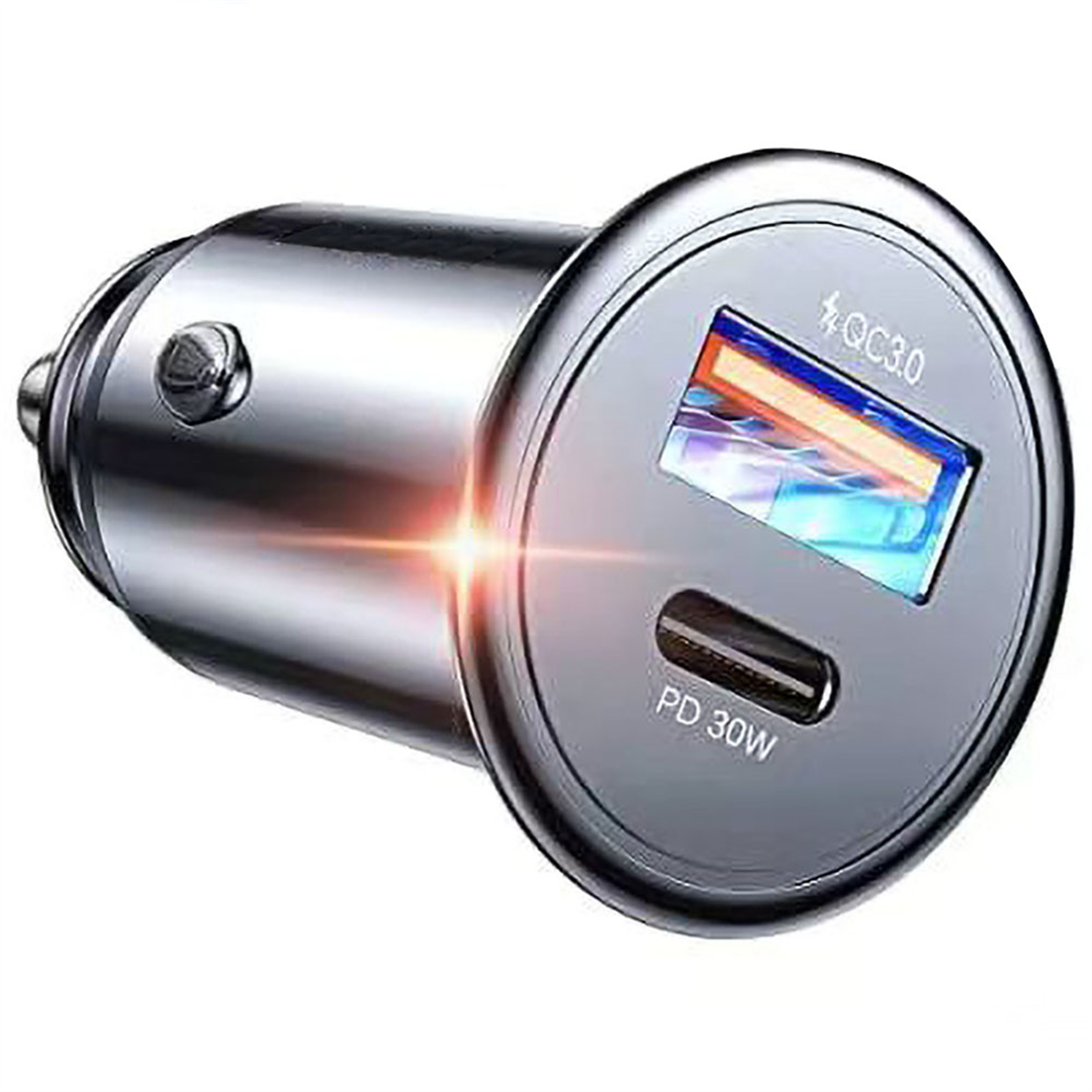 Silbernes Autoladegerät mit QC3.0- und PD30W-Anschlüssen. Das Ladegerät ist zylindrisch.