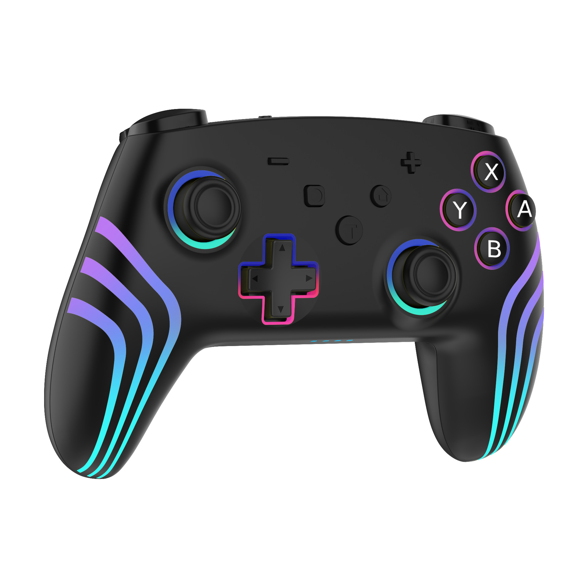 Schwarzer Gamecontroller mit bunten Knöpfen und Lichtern. Der Controller hat ein kreuzförmiges und andere Knöpfe.