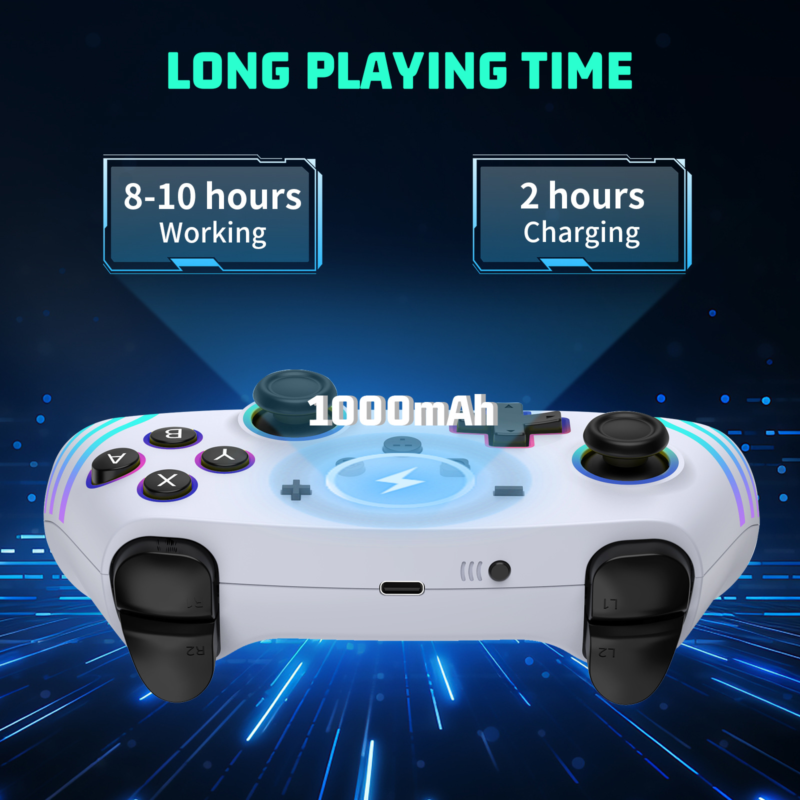 Ein weißer und schwarzer Gaming-Controller. Text zeigt 8-10 Stunden Arbeitszeit, 2 Stunden Ladezeit und 1000 mAh Akku.