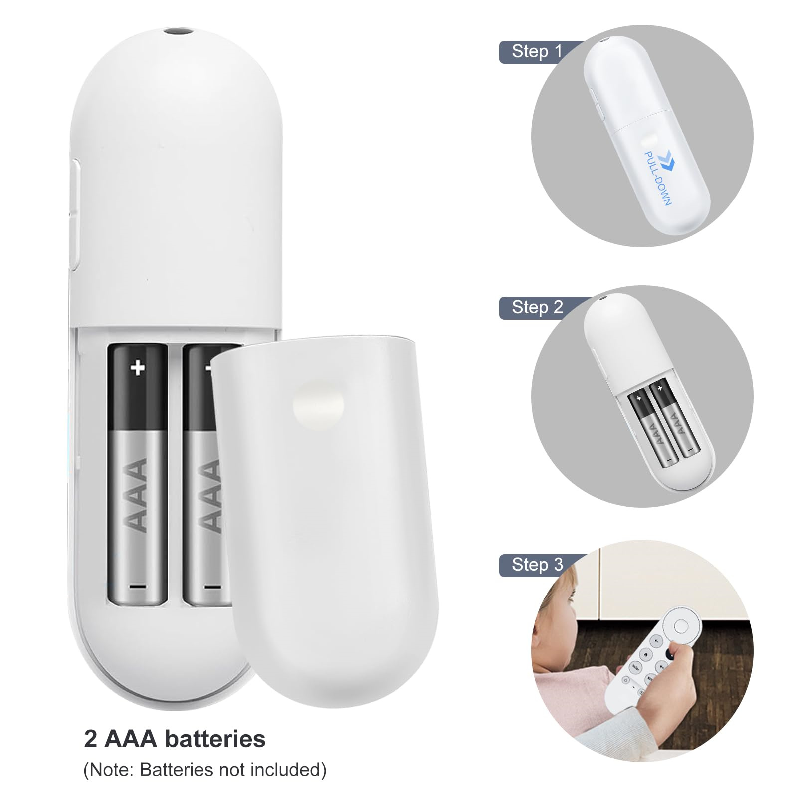 Eine weiße Fernbedienung mit offenem Batteriefach und zwei AAA-Batterien darin.