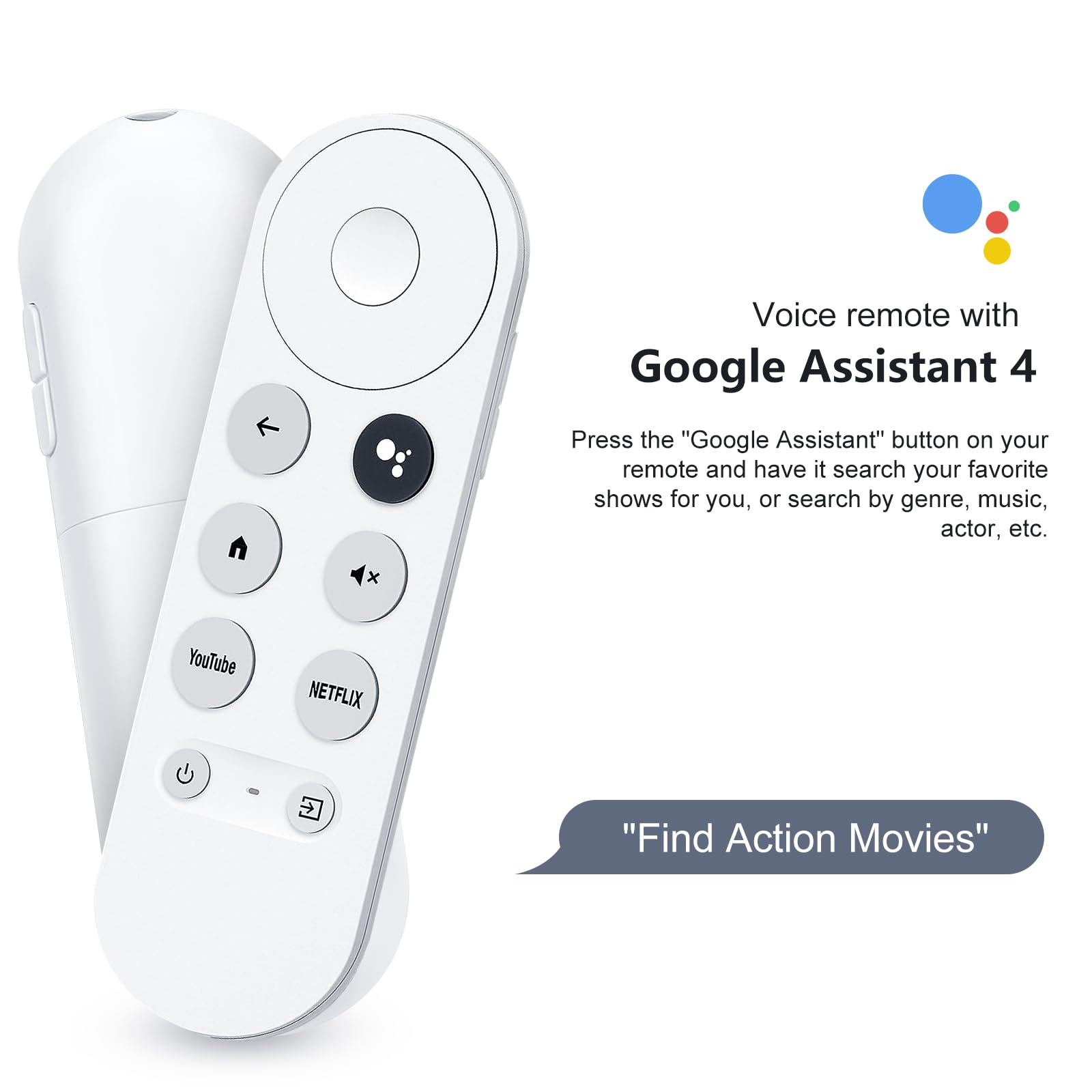 Eine weiße Google Assistant-Fernbedienung mit Tasten und einer Sprachbefehlsblase mit der Aufschrift „Find Action Movies“.