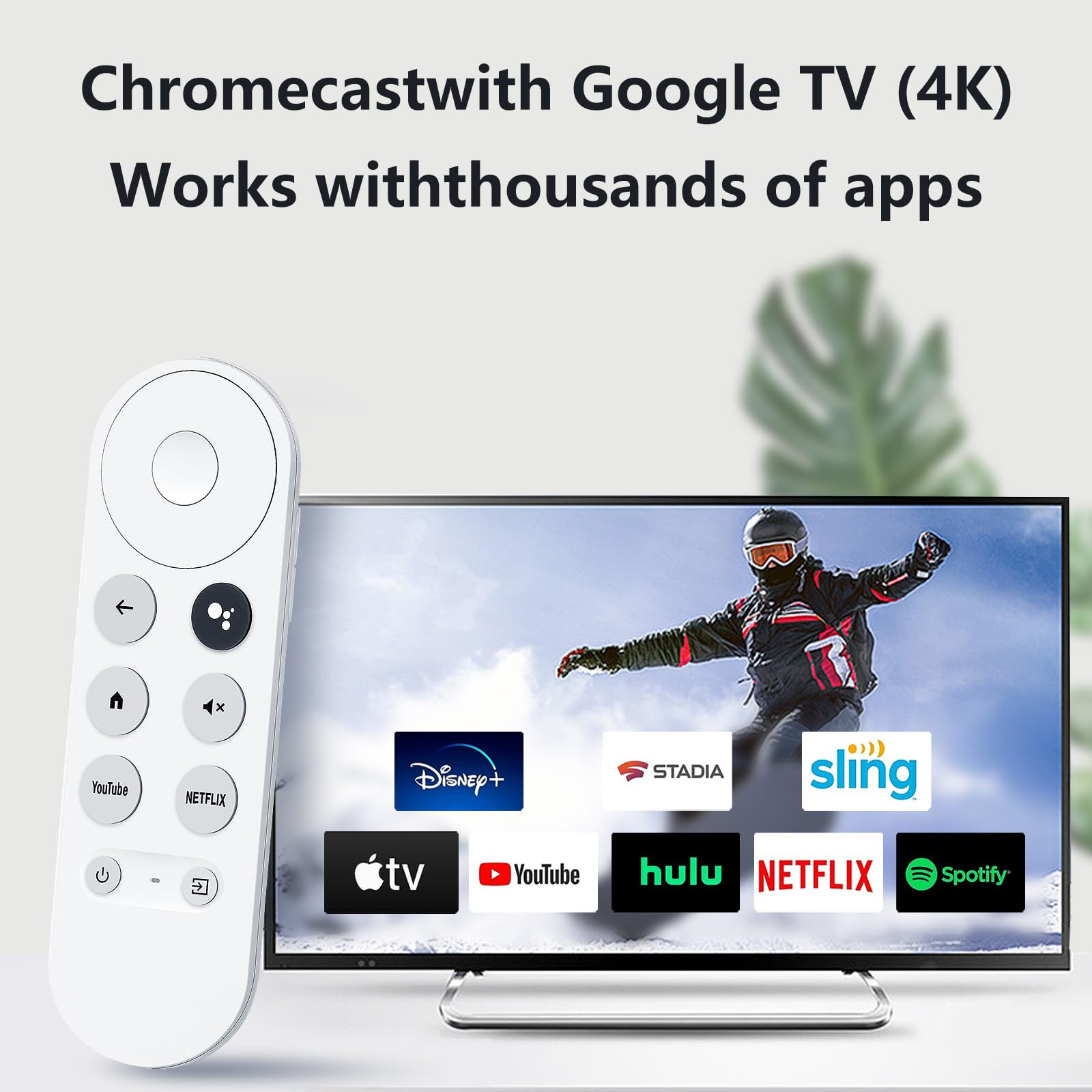 Ein Fernsehbildschirm mit Apps, eine weiße Fernbedienung und Text: Chromecast mit Google TV (4K) funktioniert mit Apps.