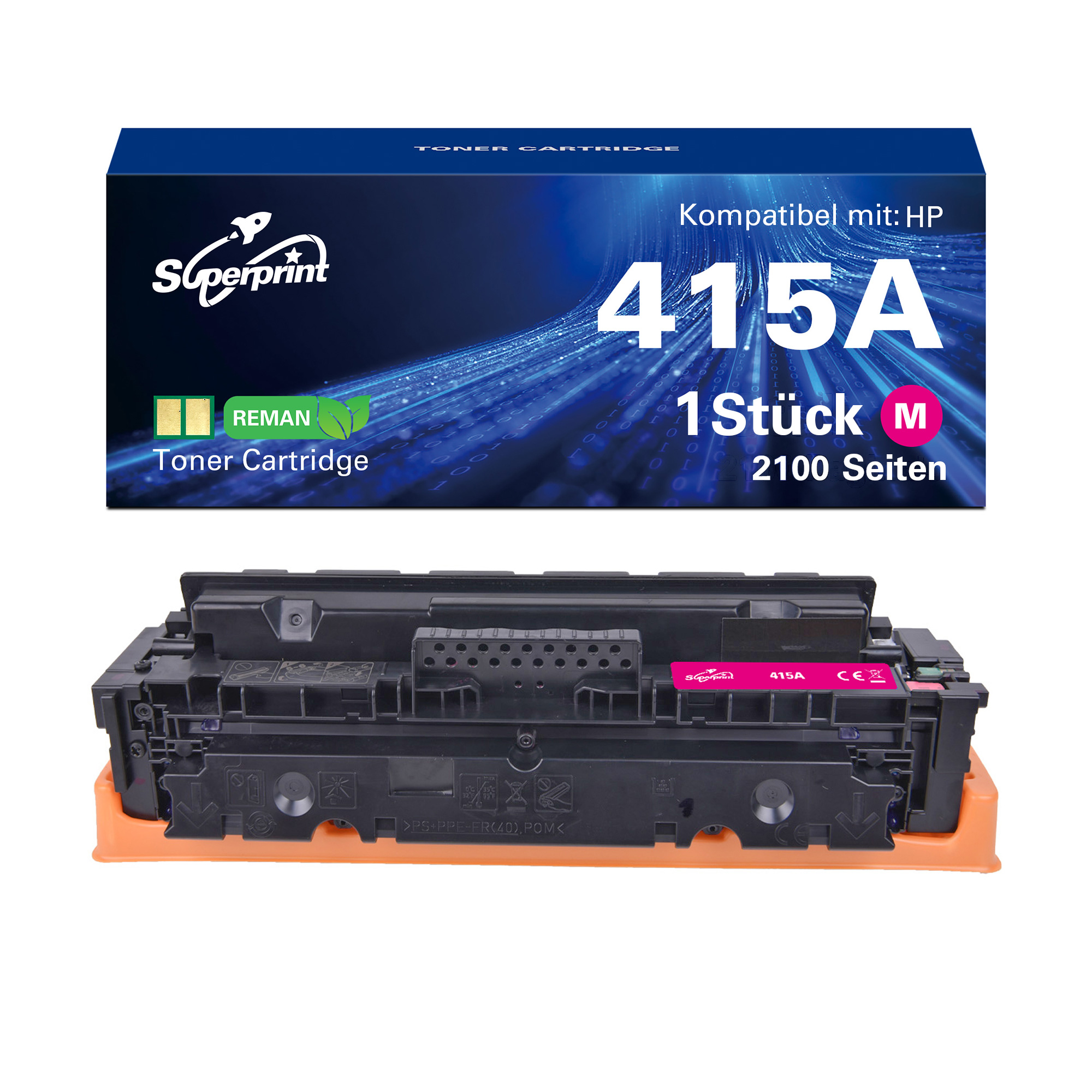Een magenta tonercartridge in de doos, met tekst en logo's.