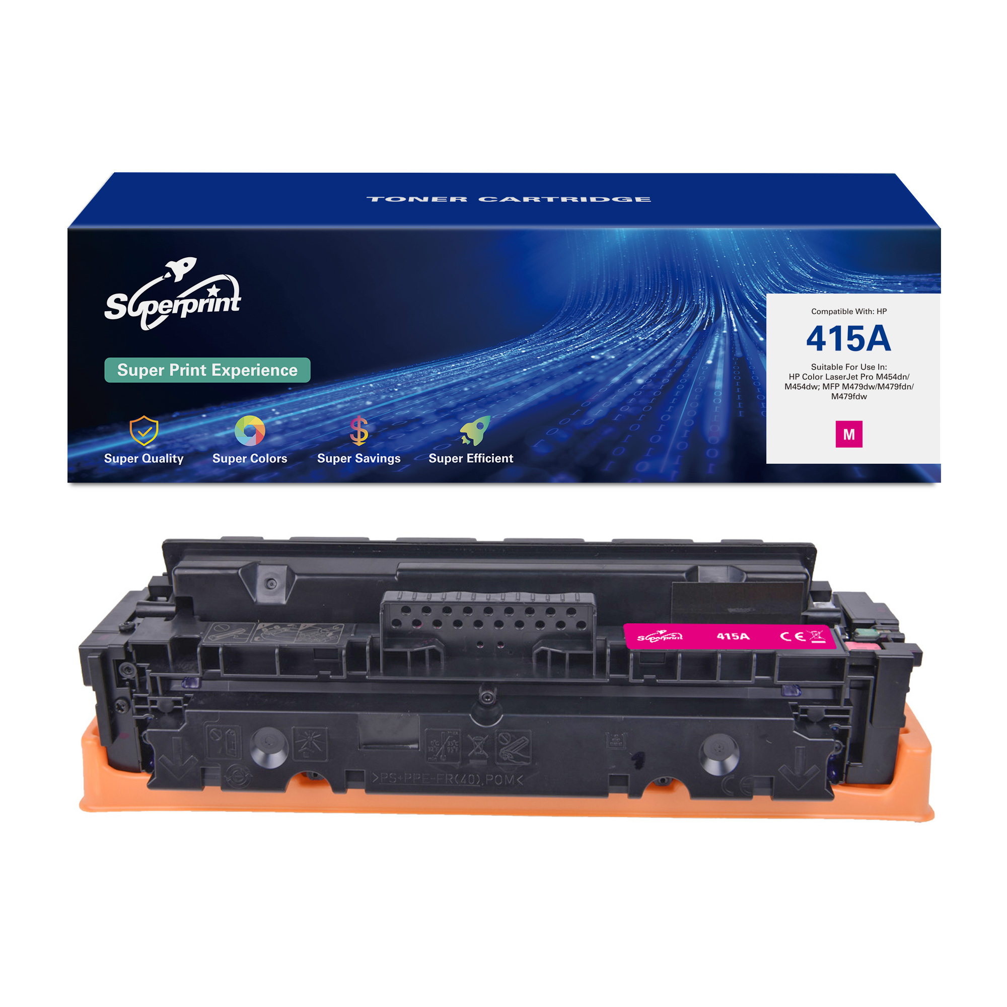 Een magenta tonercartridge in de doos, met tekst en logo's.