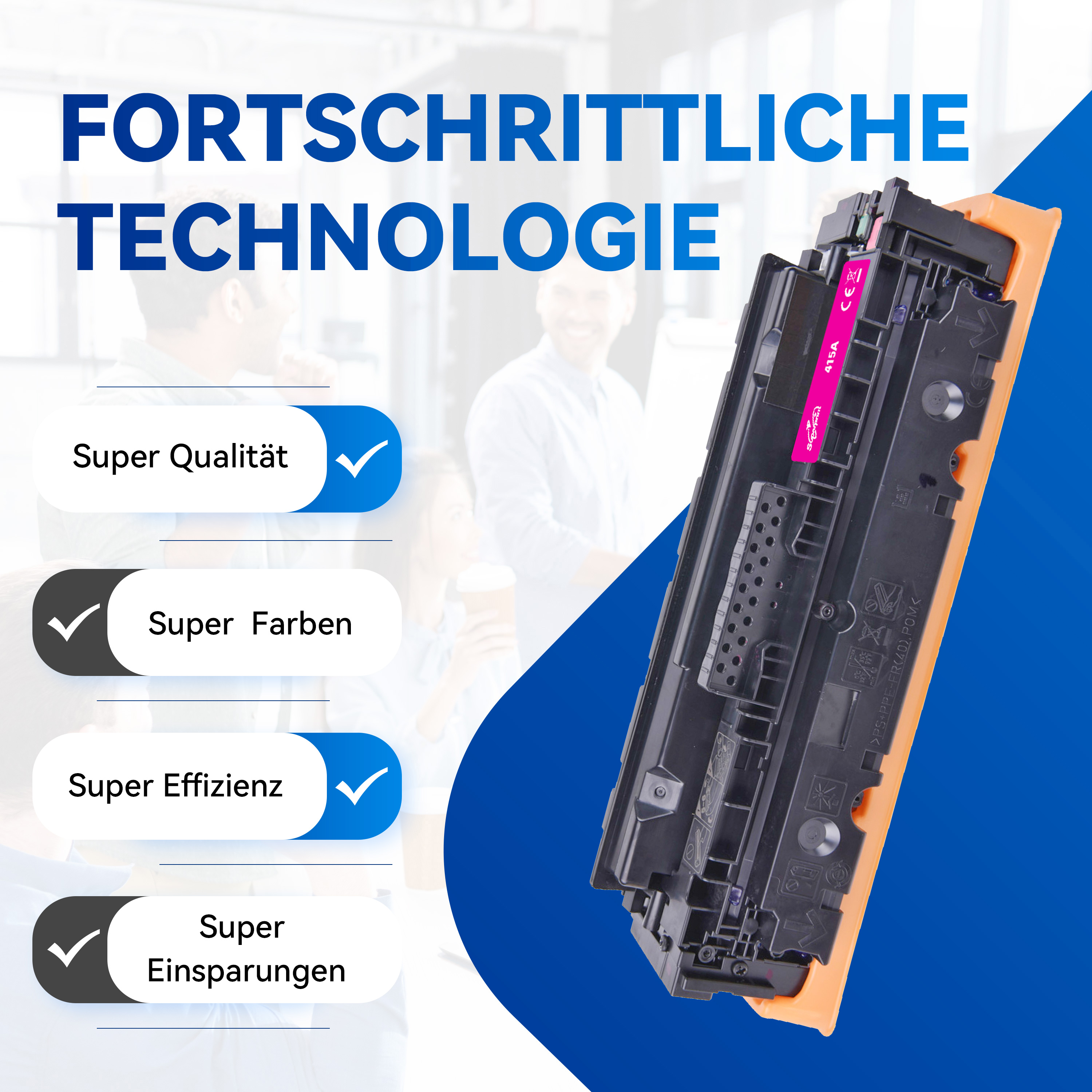 Een printercartridge met een roze inktcontainer en labels, met vinkjes en tekst.