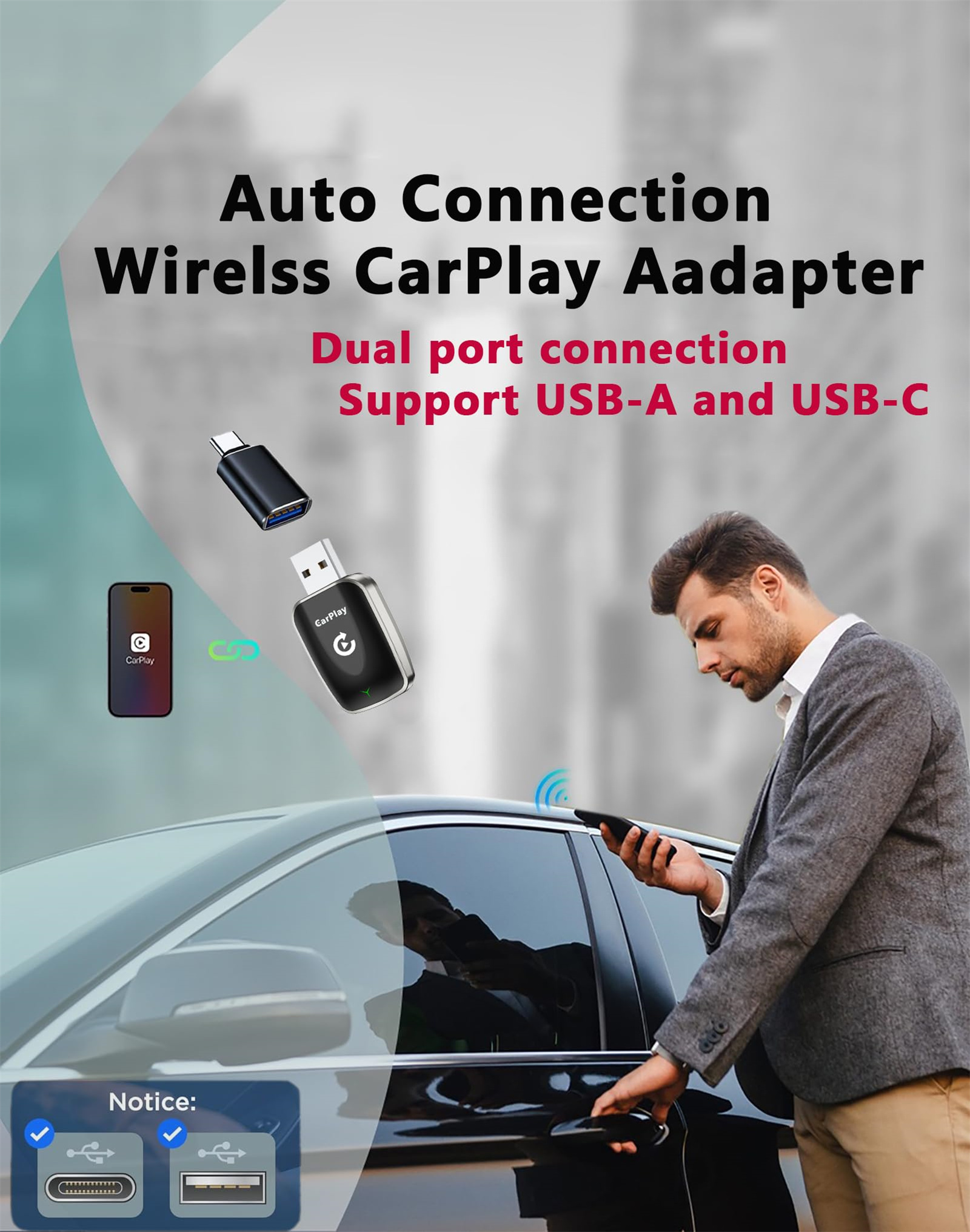 Mann in der Nähe eines Autos mit CarPlay-Adapter und Smartphone. Text: Auto Connection Wireless CarPlay Adapter.