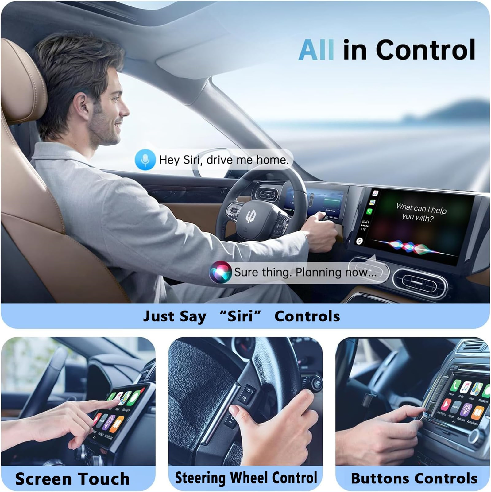 Mann im Auto, der Siri zur Steuerung nutzt. Es zeigt Touchscreen-, Lenkrad- und Tastenbedienung für CarPlay.