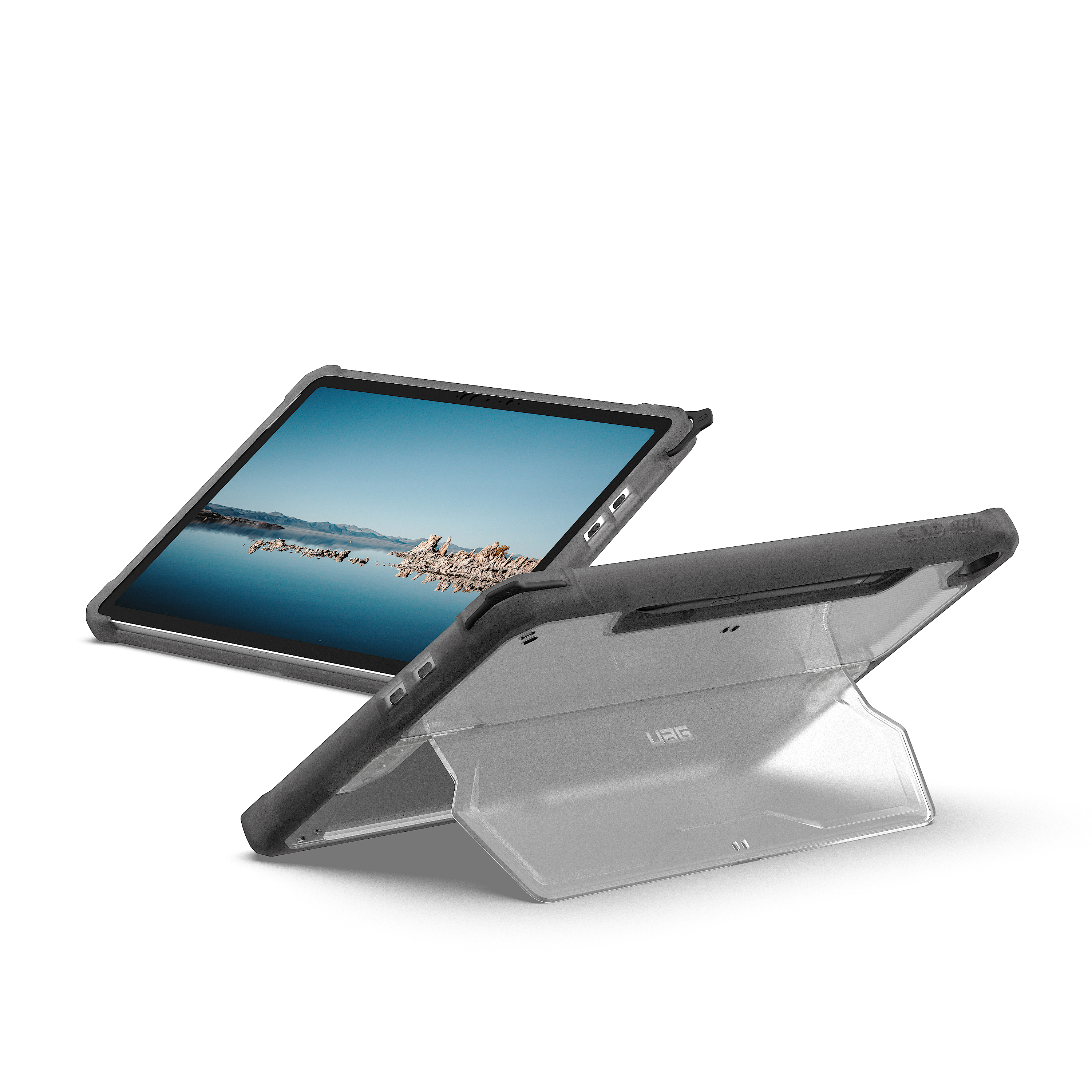 Tablet in einer Hülle, der Bildschirm zeigt eine Landschaft. Die Hülle kann zum Aufstellen gefaltet werden.