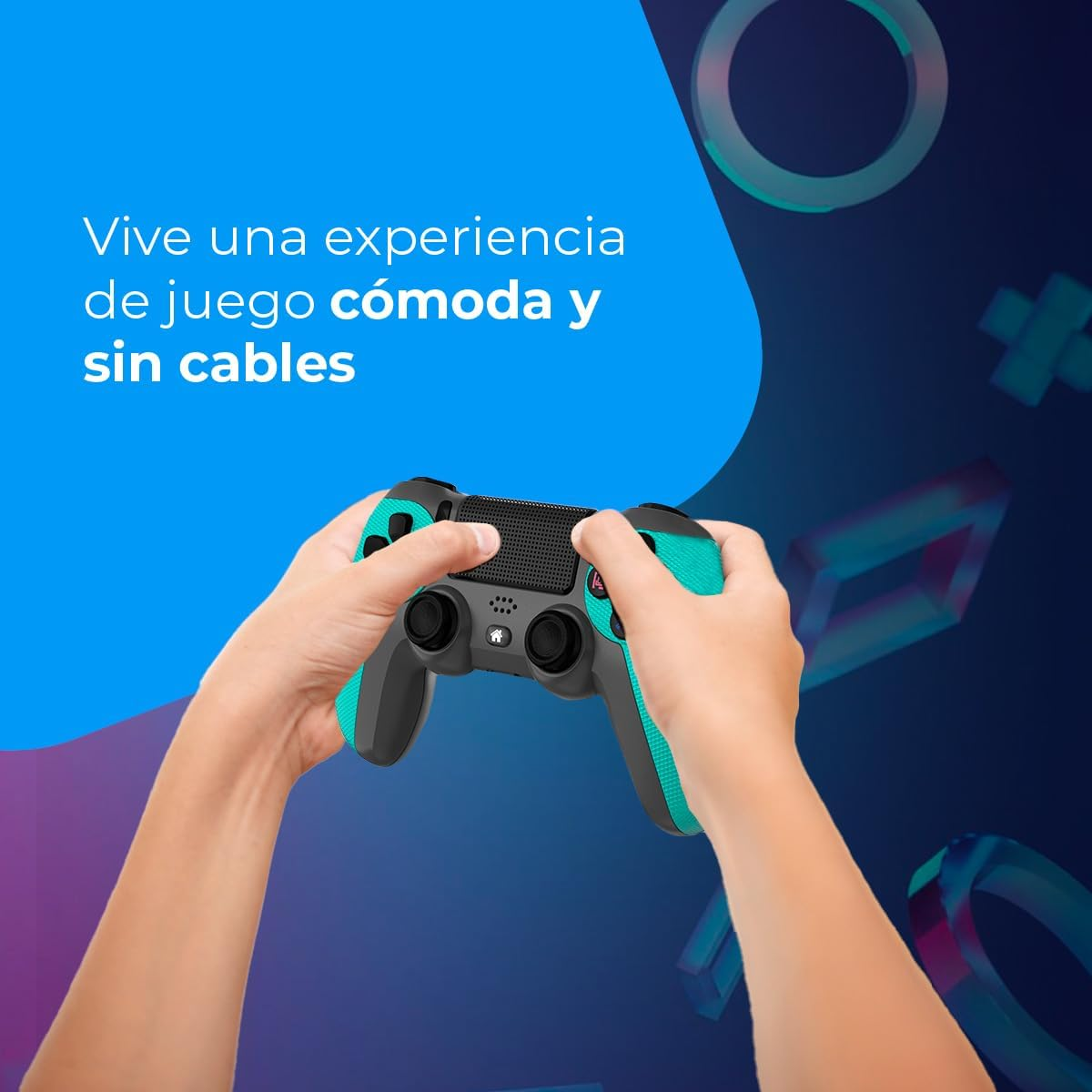 Hände halten einen türkisfarbenen und schwarzen Gamecontroller. Text auf Spanisch.