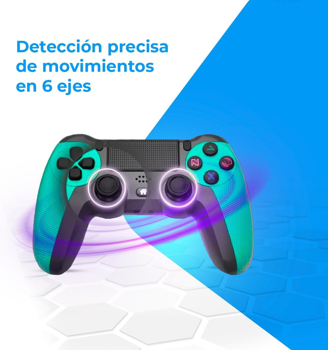 Ein Gamepad mit blauem und grünem Design wird mit spanischem Text auf blau-weißem Hintergrund gezeigt.