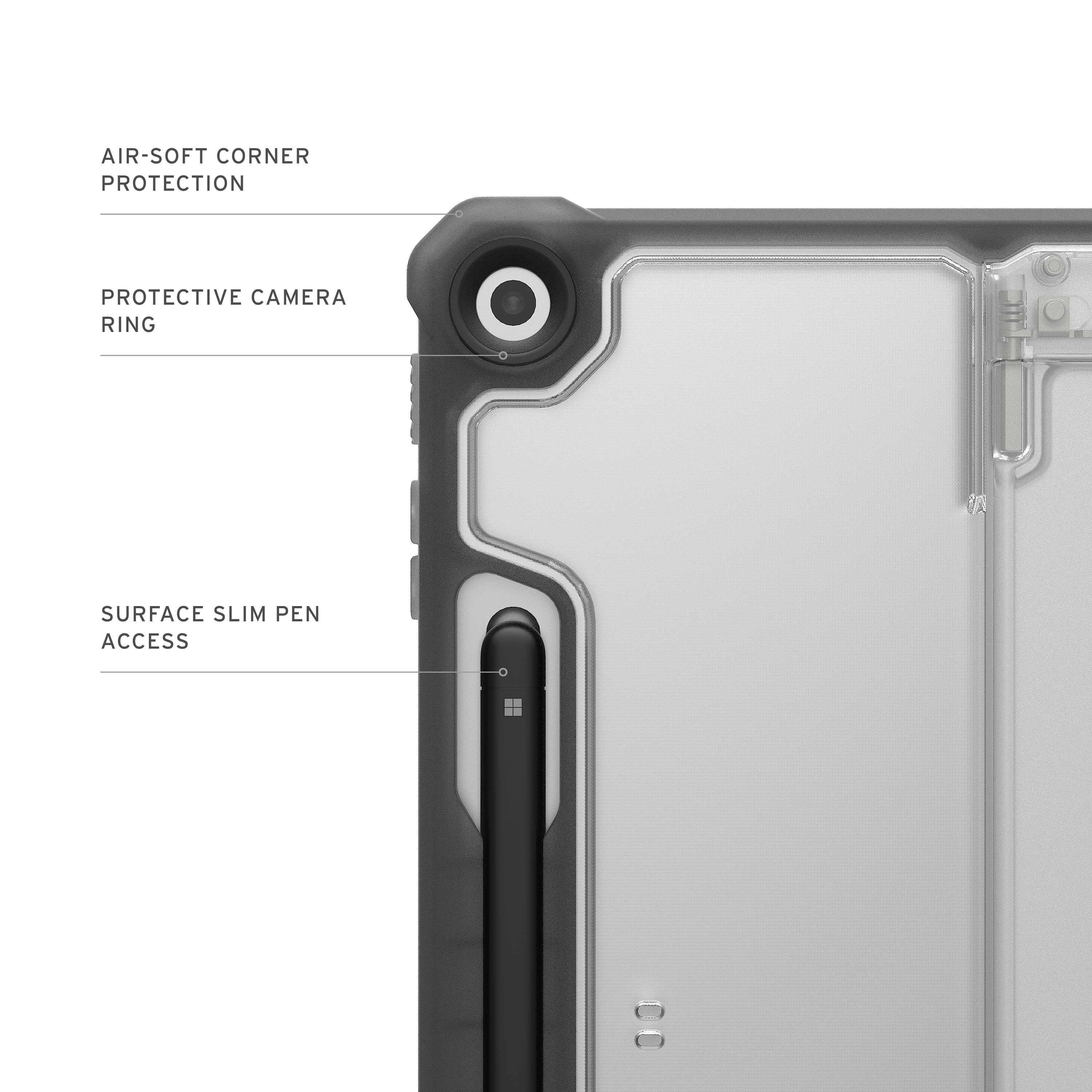 Nahaufnahme einer Tablet-Hülle mit Etiketten: Air-Soft Corner Protection, Protective Camera Ring und Surface Slim Pen Access.